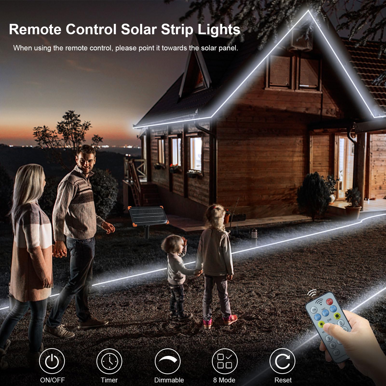 BSGlobal 50Ft Solar LED Strip Lights, 540 LEDs, IP68 Waterproof, Remote Control, Self-Adhesive, Cool White, Model S-15MStripL