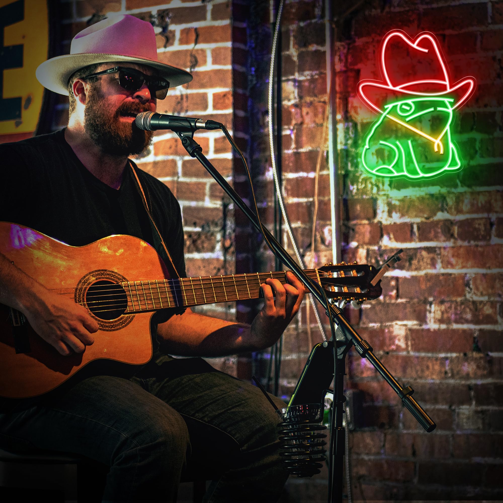 Kavaas Frog Neon Sign, LED Wall Decor 12.6" x 9.8", Green & Red Acrylic, Cowboy Hat Design for Man Cave, Gameroom, Bar