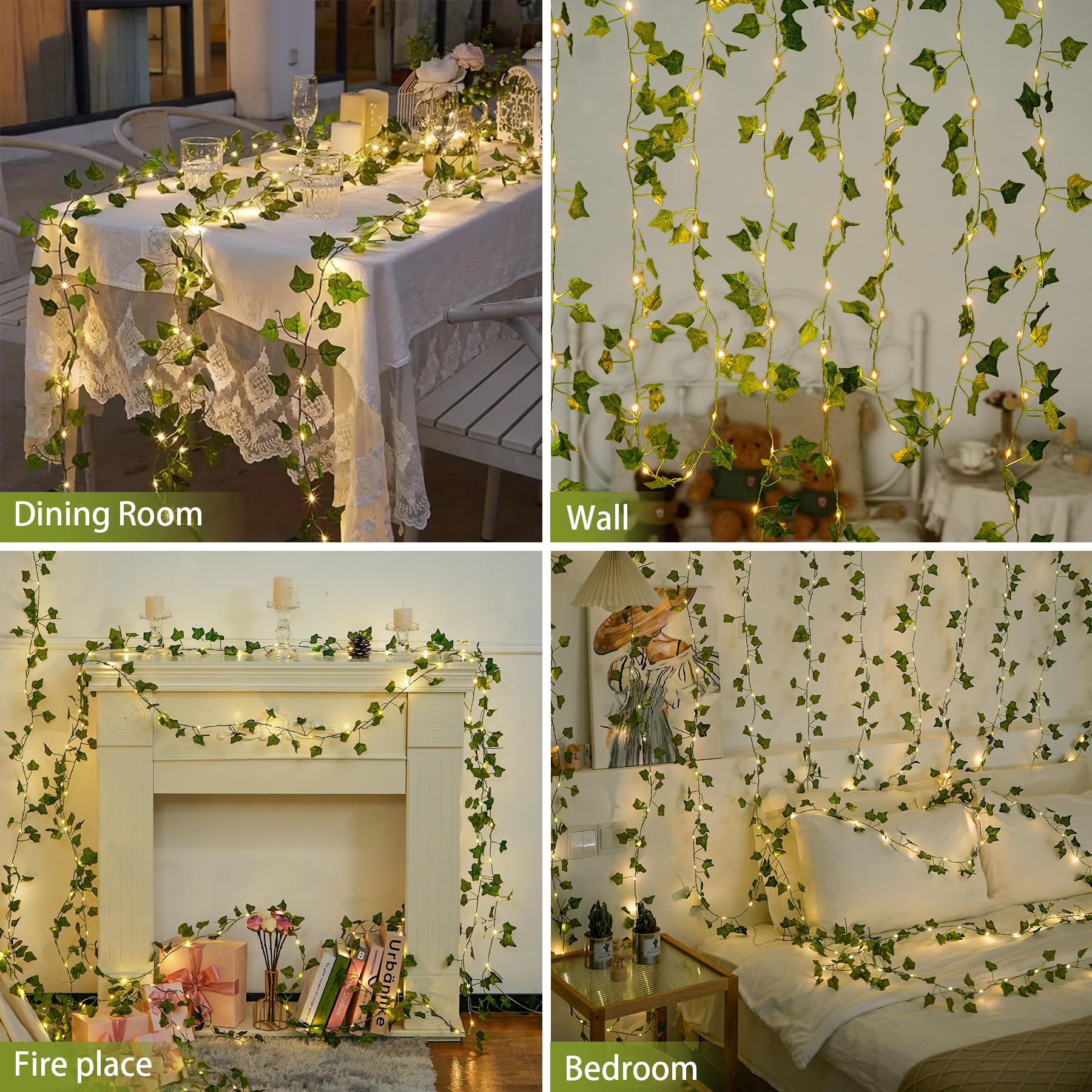 POTIVE Vines with Lights Plug in, 100 LED Leaf Light, 33ft Warm White Ivy Garland, Model EXS-S-0100 for Bedroom and Party Decor