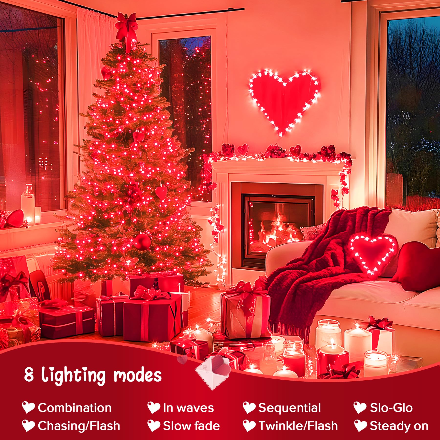 Jmexsuss 2 Pack 100 Led Red Valentine Lights, 33Ft Red Christmas Lights Indoor With 8 Modes, Connectable Clear Wire Red String Lights Outdoor Waterproof For Valentine'S Day Bedroom Decorations