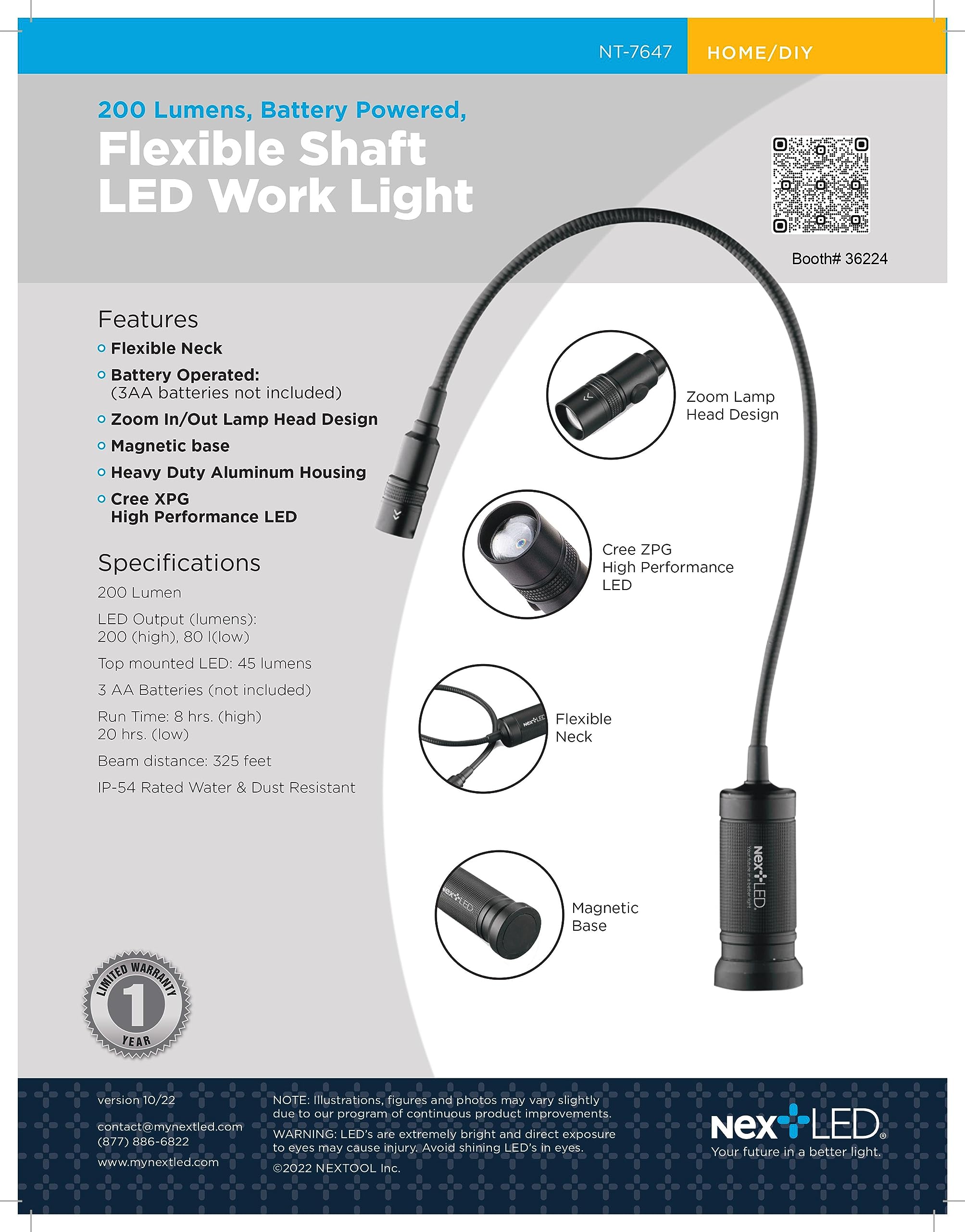 Nextled Nt-7647 20-Inch Gooseneck Flashlight With Magnetic Base, Cree Led, Zoomable Lens, Ip54 Rating Waterproof. Flexible Led Light, Work Bench, Auto Repair, Grill Light, Inspection