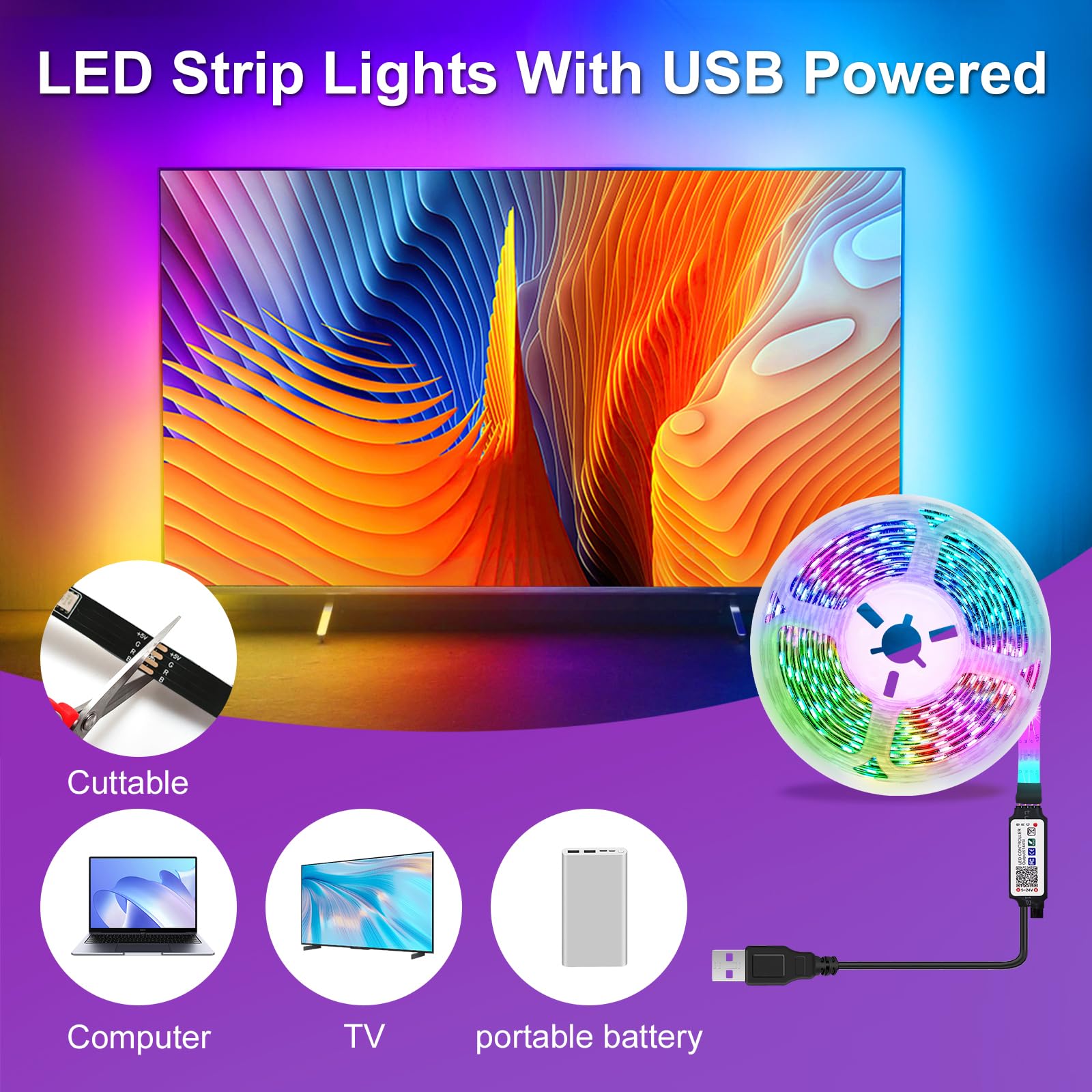 Tk99Sw Led Strip Lights For Bedroom, 32.8Ft Smart Rgb Music Sync Bluetooth App & Remote Control, Usb-Powered Led Strip Lights Fo