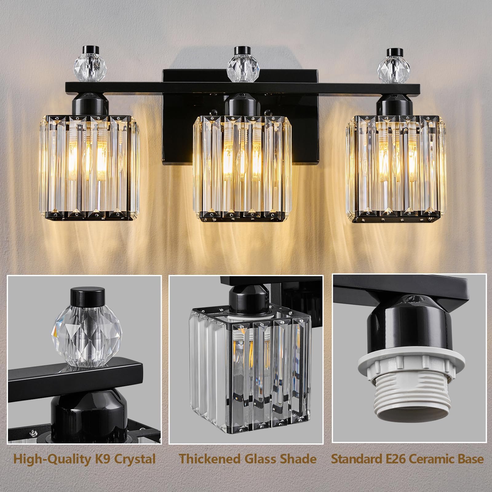 FDPBY Black Bathroom Vanity Lights, 3-Light Crystal Fixture, Metal, Modern Design, Model 290