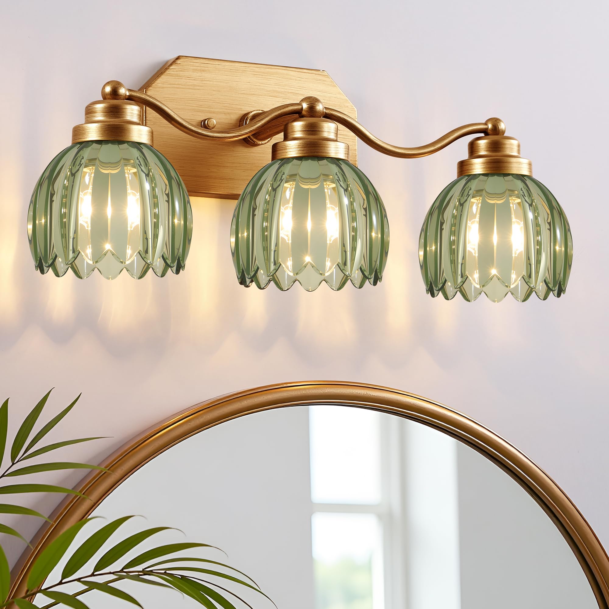 VbiTmn Gold Bathroom Light Fixtures, 3 Light Vintage Vanity Lights, Antique Brass Brushed Gold Finish, Crystal Green Glass Shade