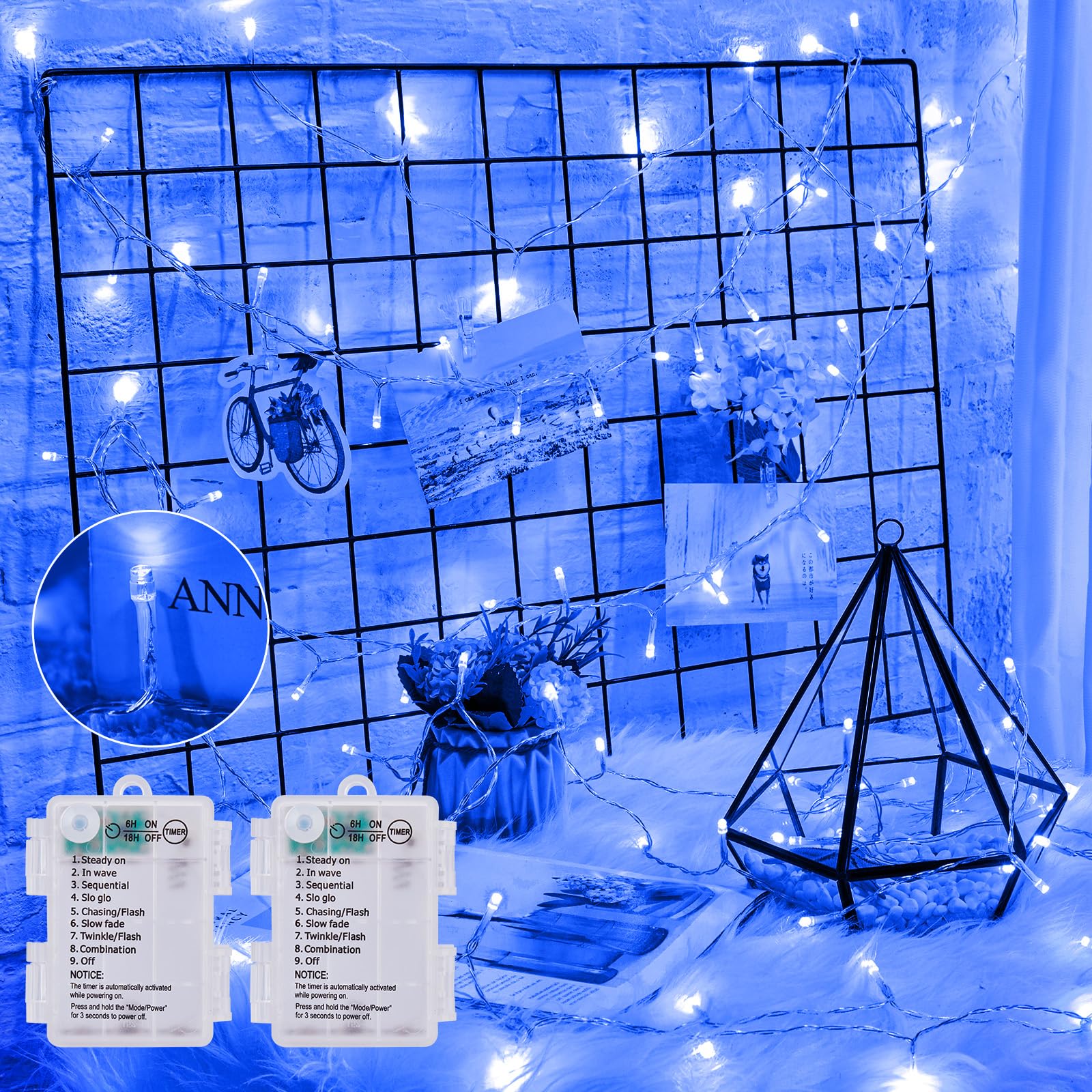 Minetom Christmas String Lights, 100 LED, 33FT, Battery Operated, Waterproof, 8 Modes, Blue, 2 Pack
