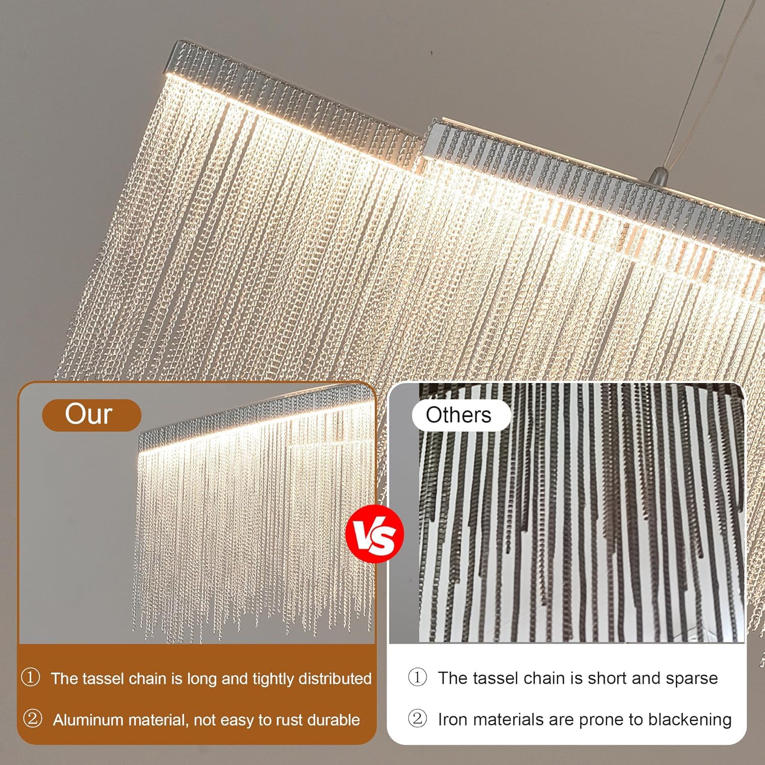 Puvaue Aluminum Tassel Linear Chandelier, LED Dining Room Light Fixture, L47 Inch, Silver, Remote Control