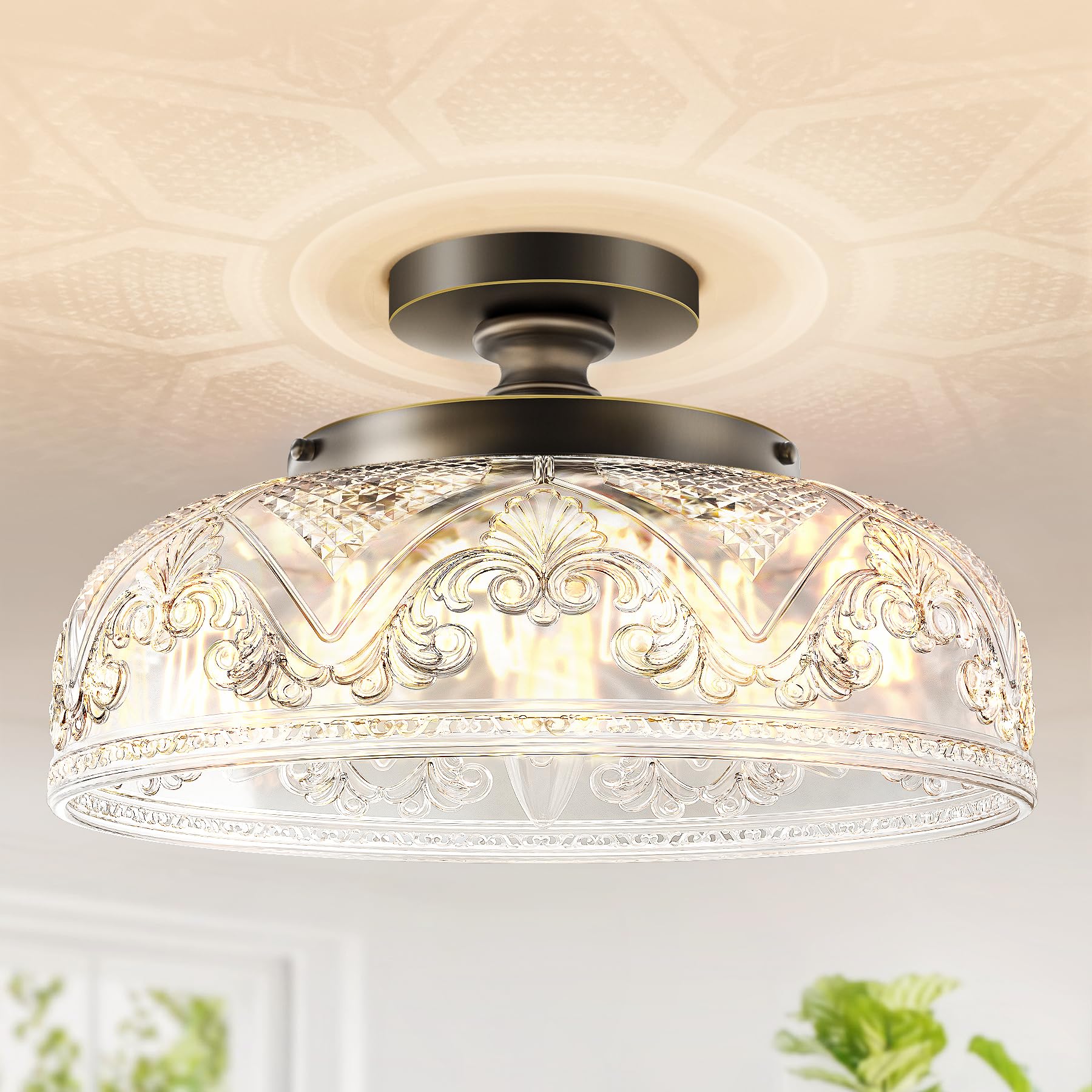 Slypadan Semi Flush Mount Ceiling Light, 12 Inch Large Bronze Ceiling Light Fixture, 3-Light Globe Glass Farmhouse Kitchen Light
