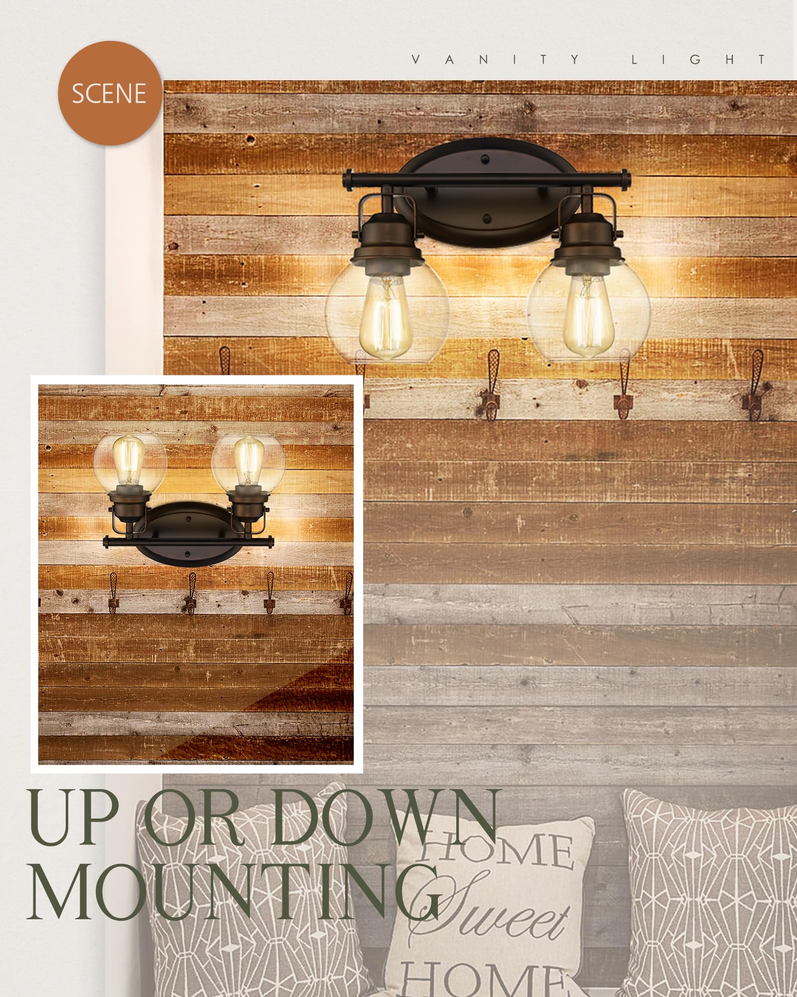 Audickic Farmhouse Vintage Bathroom Vanity Light, 2-Light Wall Mount Lighting Sconce Over Mirror, Oil Rubbed Bronze Finish and C