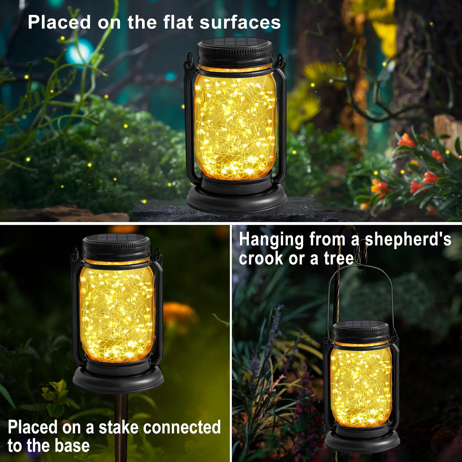 YJFWAL 4 Pack Hanging Solar Lantern Lights, Vintage Glass, Warm White, Waterproof for Patio, Yard, Lawn, Tree