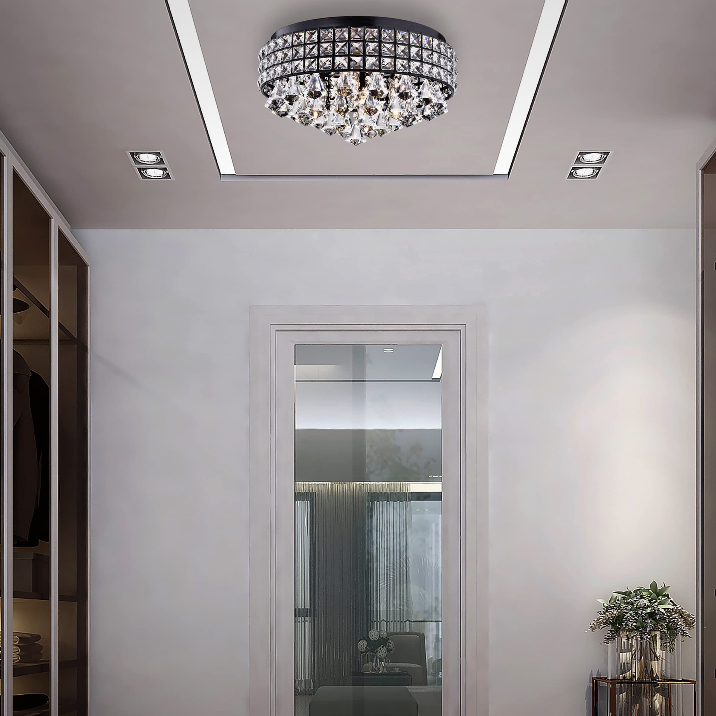 Edvivi Crystal Drum Chandelier 4 Lights Flush Mount Antique Black Finish Square Beaded Shade Model ECG4103BK