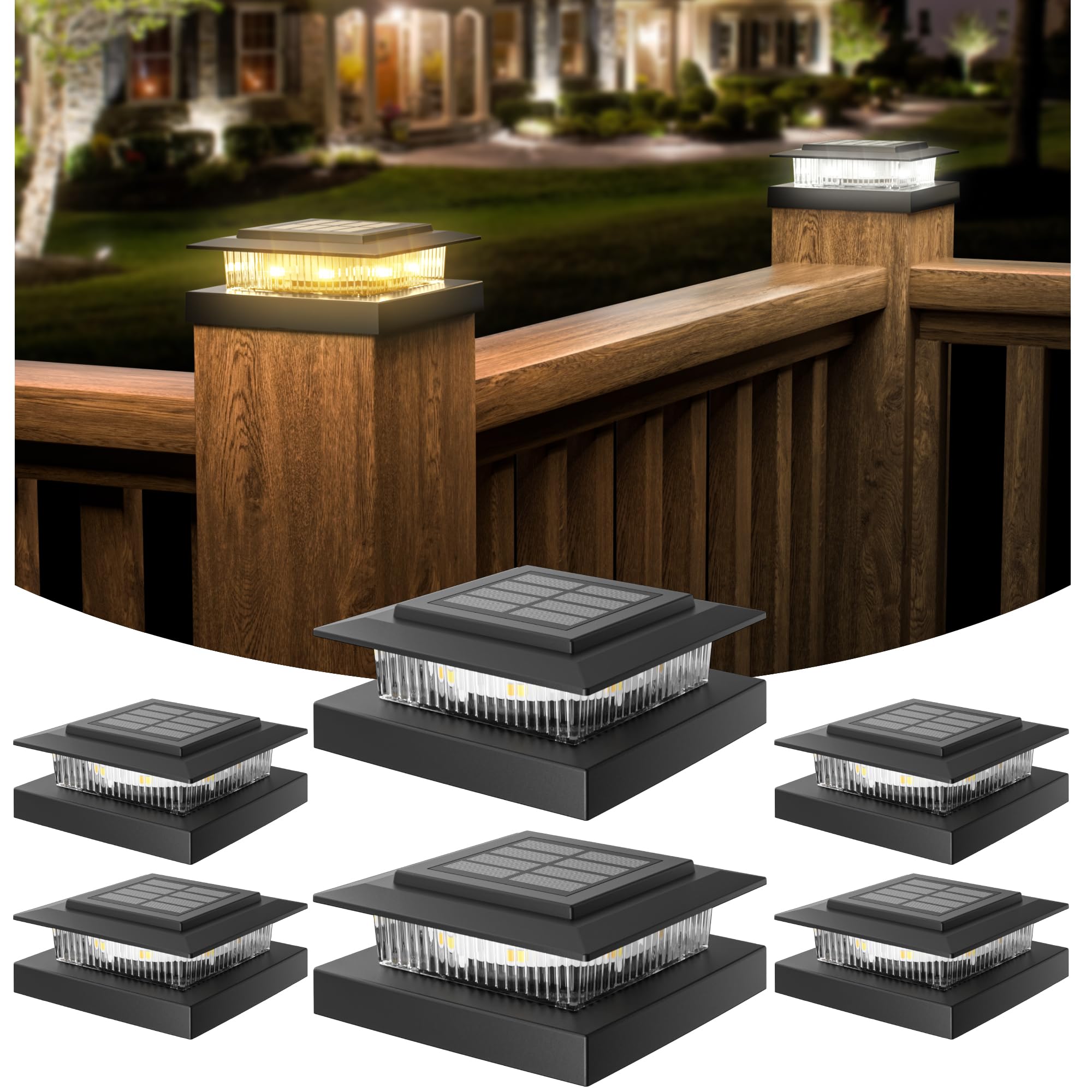 APONUO Solar Powered Post Lights - 6 Pack, Warm/Cool LED, IP64 Waterproof, Black, Easy Install, Model M013