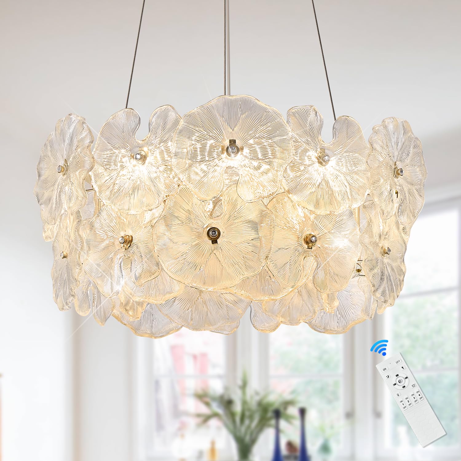 Poemoon Modern LED Chandelier 20in Gold-Lotus Dimmable with Remote Control, Model P56-500G1 for Foyer Entryway Living Dining Room