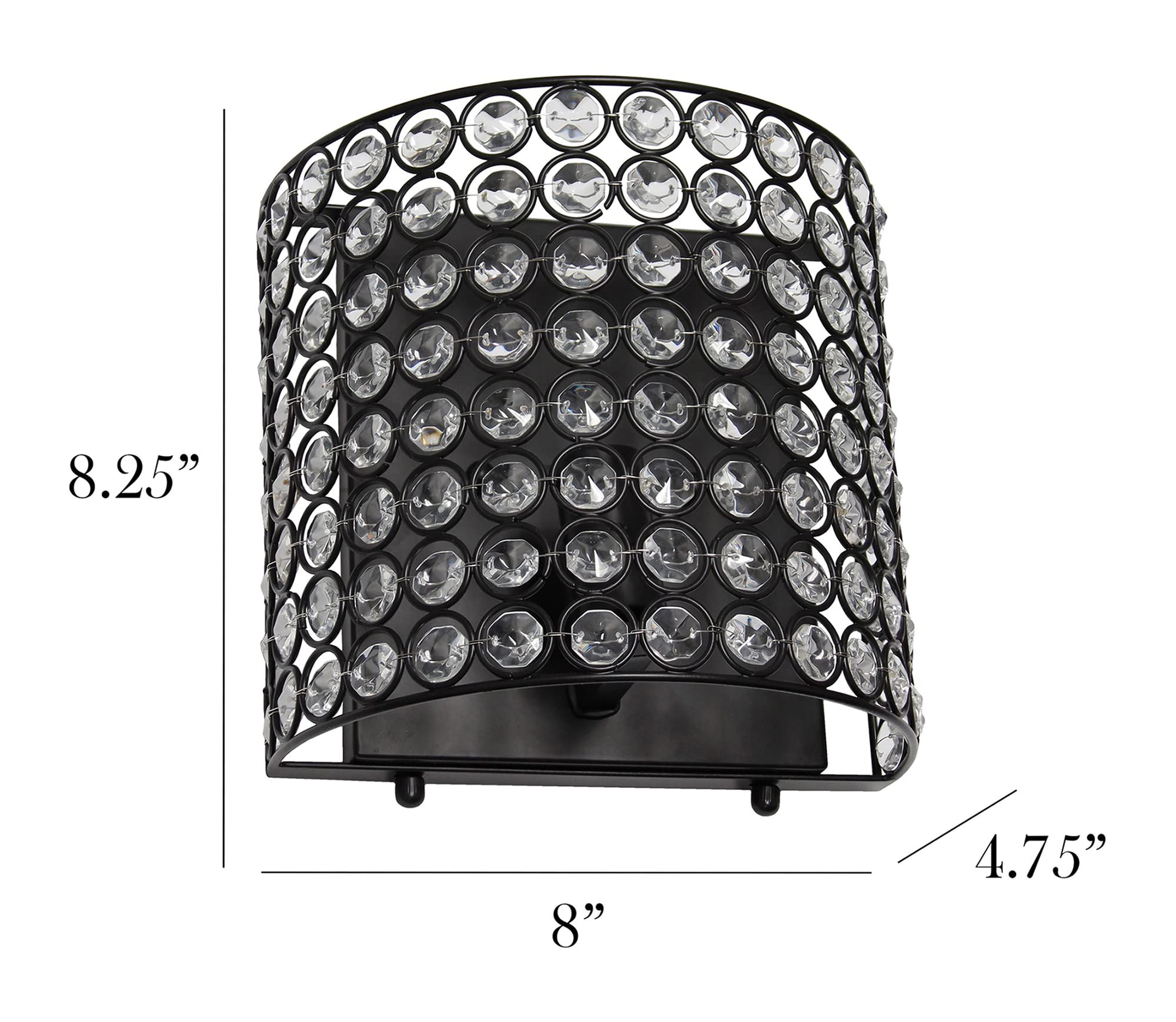Elegant Designs SC1000-BLK 1-Light Wall Sconce, 8in Crystal & Metal, Black