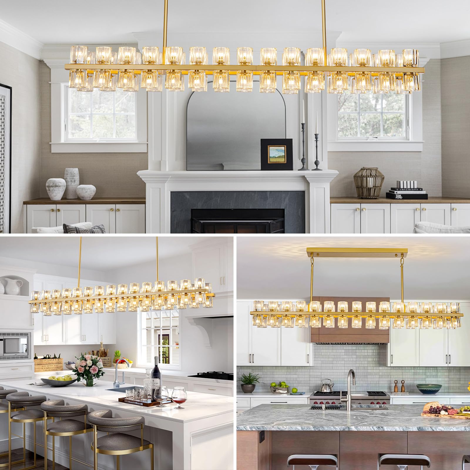 Plsintly Crystal Brass Rectangle Chandeliers For Dining Room, 54In Gold Farmhouse Chandeliers For Dining Room, Modern Rectangle