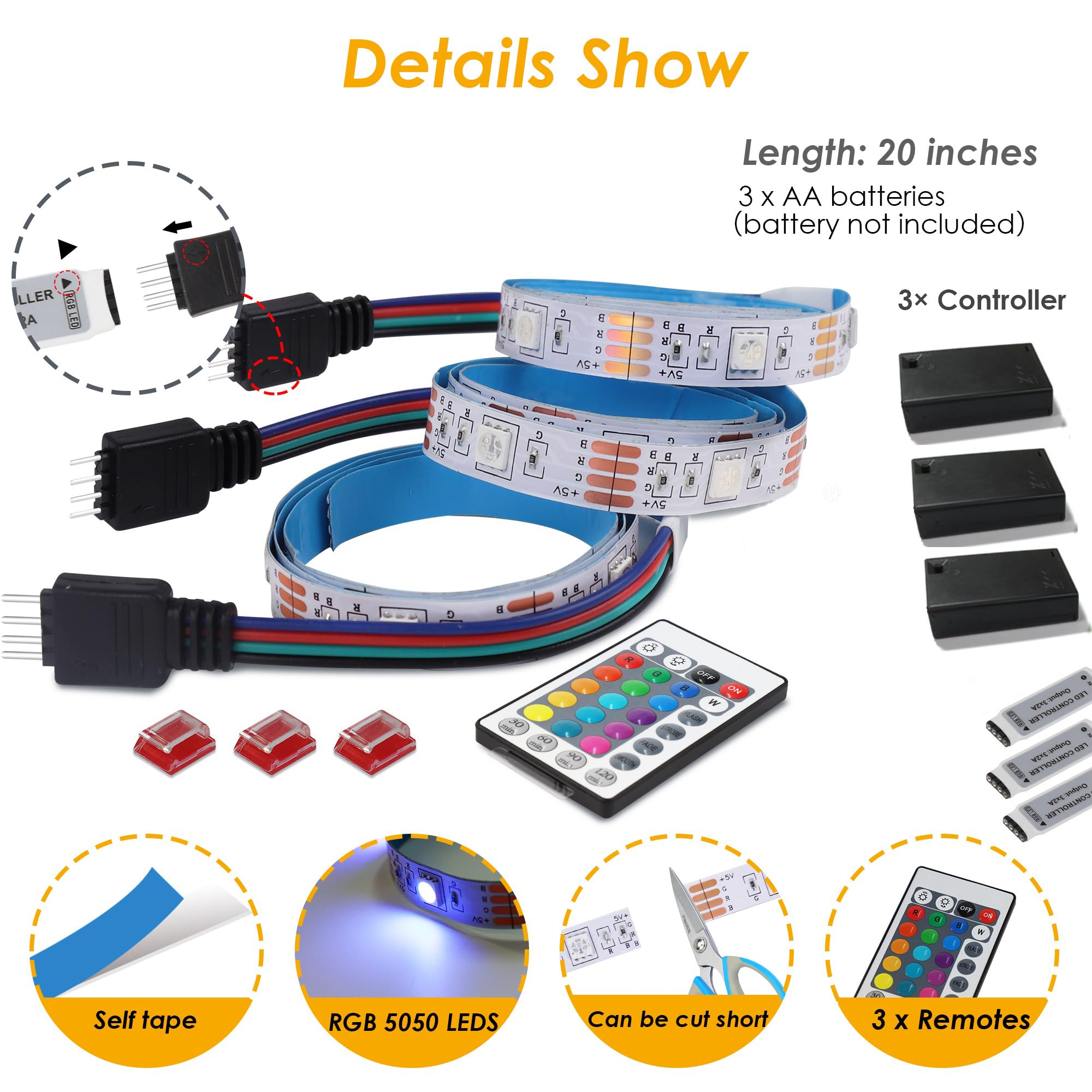 Little Joke 20 LED Strip Lights - 3-Pack Battery Operated RGB Shelf Lights with Remote & Timer for Bedroom, Kitchen, Indoor Decor