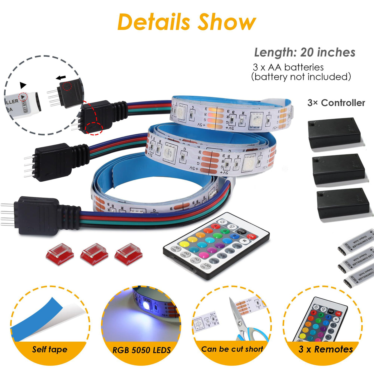 Little Joke 20 LED Strip Lights - 3-Pack Battery Operated RGB Shelf Li ...