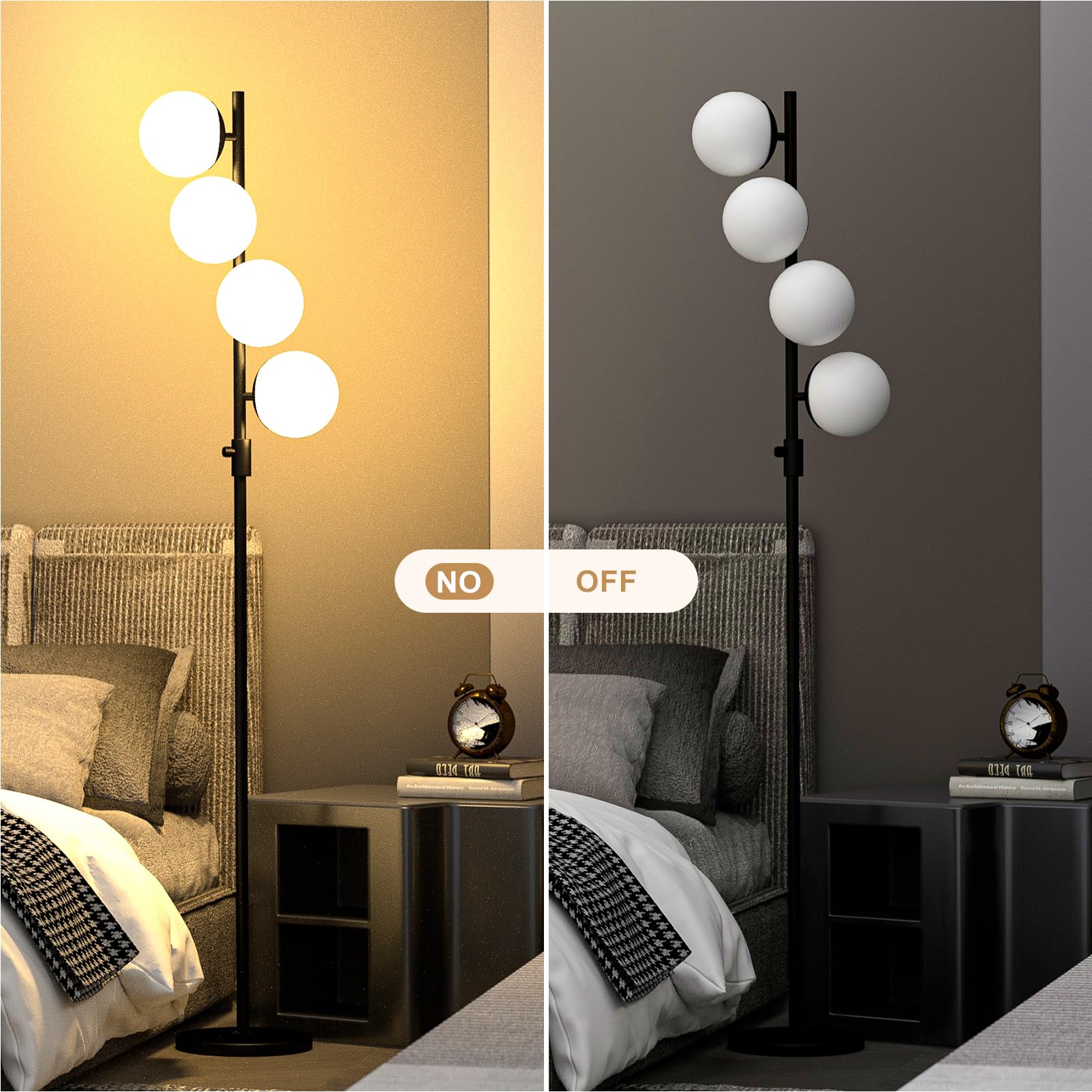 Lightdot Dimmable Globe Floor Lamp, 64IN, Black, Metal, Includes 4PCS 3000K G9 Bulbs, Mid Century Modern Design