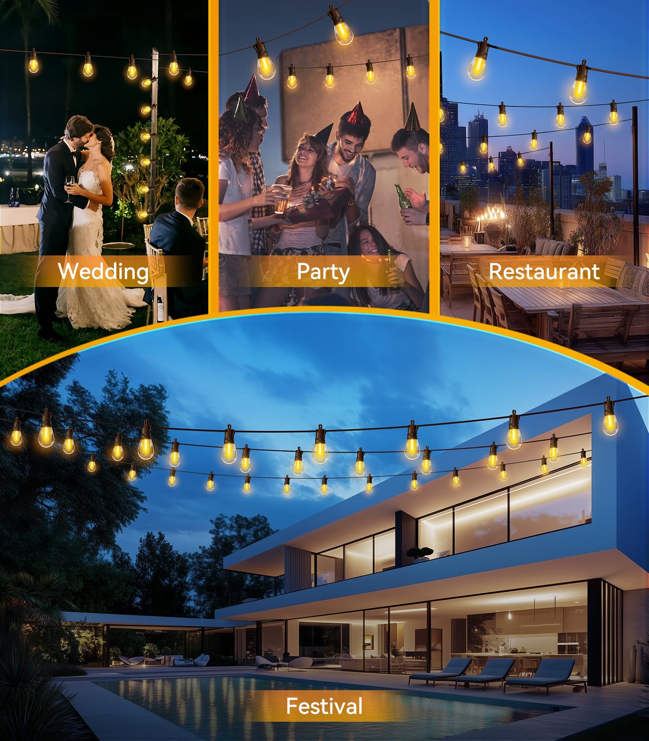 Tbosw Outdoor String Lights Patio Led Light Outside - 60M Ip65 Waterproof 58+2 S14 Led 200Ft Porch Lighting