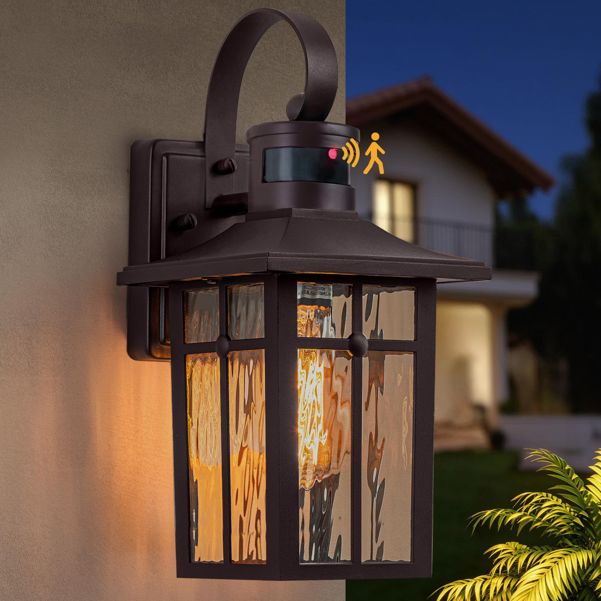 Lawyettle Motion Sensor Outdoor Wall Lights Fixture, 3 Lighting Modes Aluminum Exterior Wall Sconce with Ripple Glass, Bronze Du