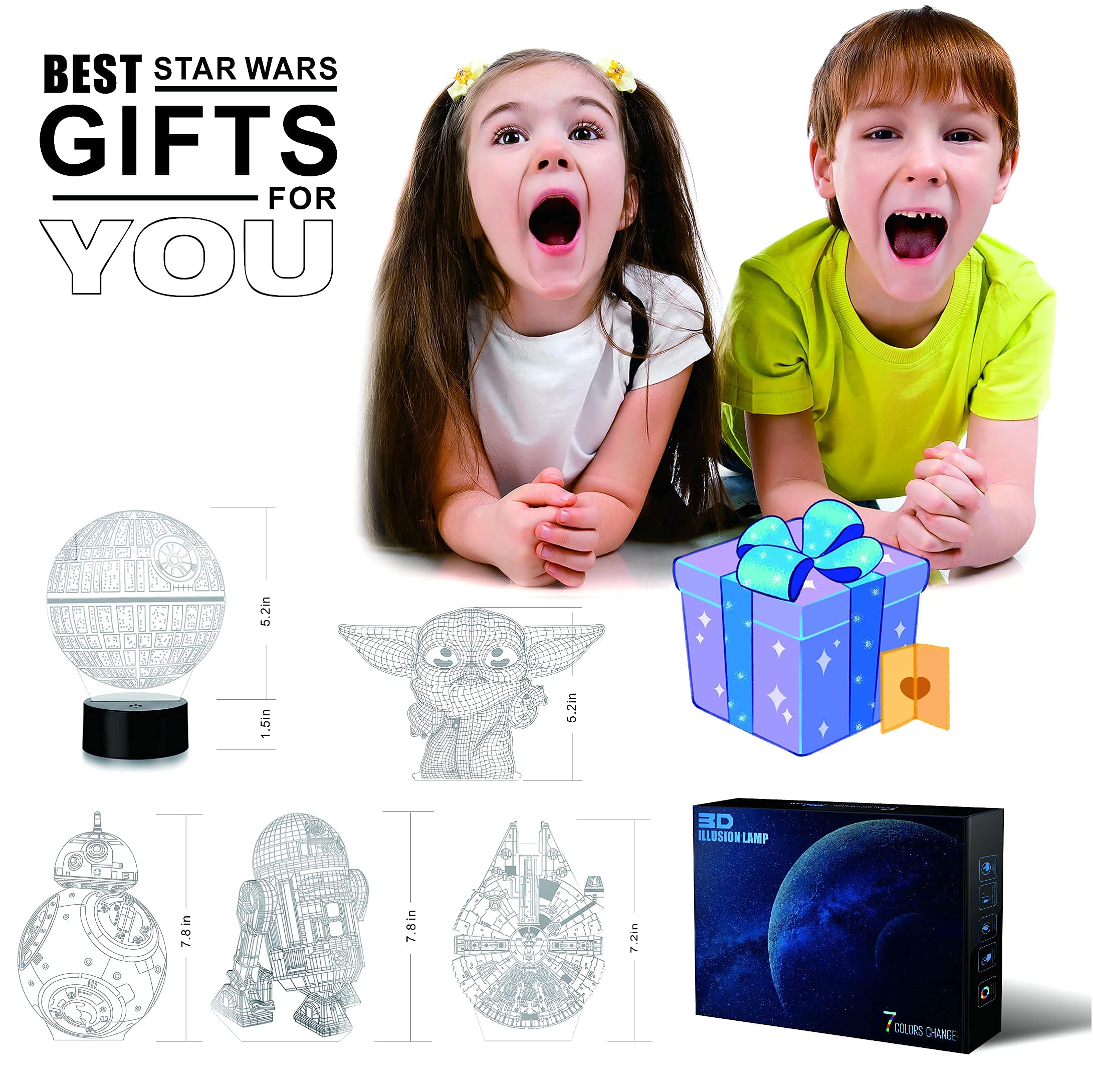 MOSSOM Star Wars 3D Illusion Lamp - 5 Patterns, LED Night Light, Black, 7 Color Change, Ideal Gifts for Kids and Adults