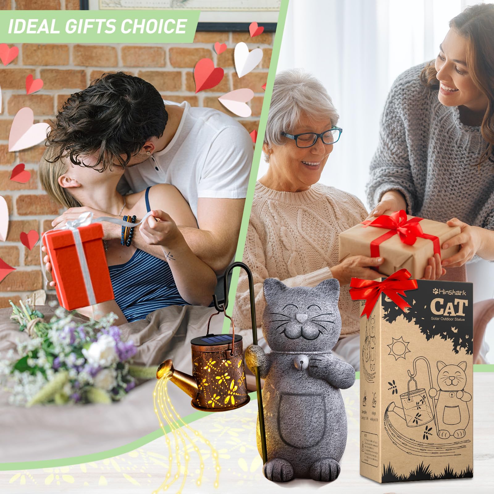 Hinshark Solar Garden Cat Statue With Kettle Light - Perfect Valentines & Birthday Gifts For Cat Lovers