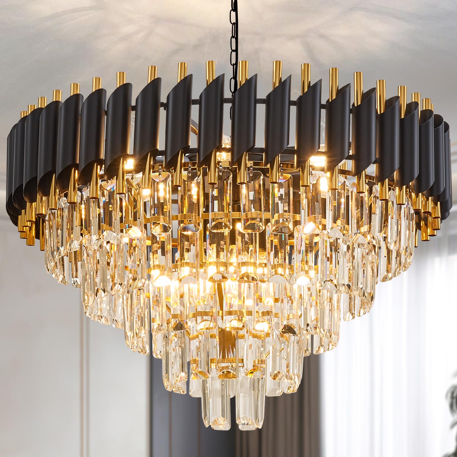 Aixialin 10-Light Large Crystal Chandelier 24'' Dining Room Light Fixtures 5 Tiers Flush Mount Black and Gold Chandelier Round L