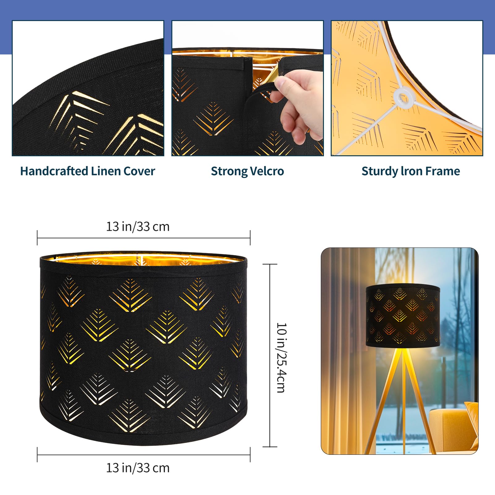 ALUCSET Lamp Shades Set of 2, 13in Drum Fabric Lampshades with Leaf Design, Black, Model LLA-S2416J