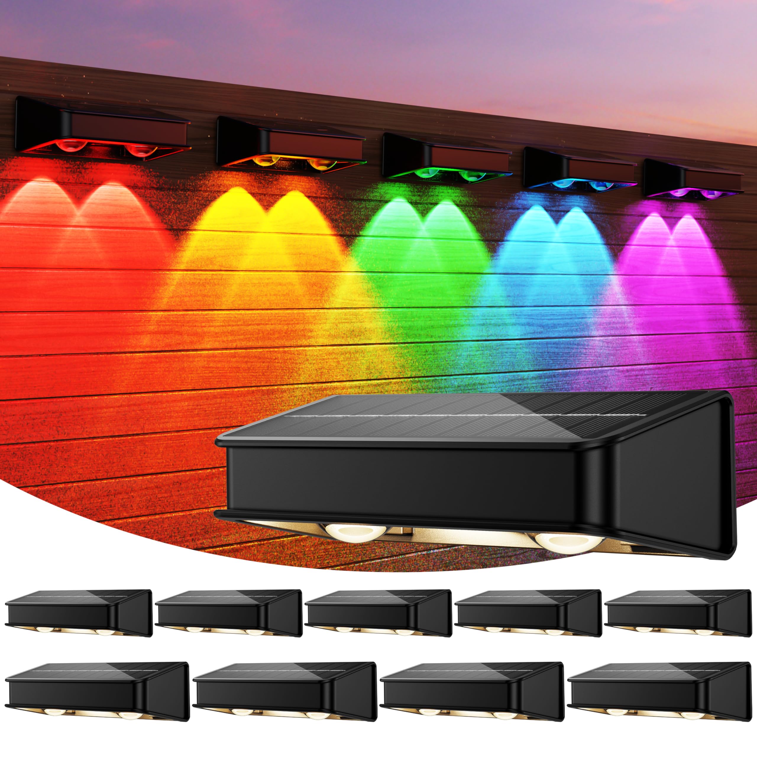KIALUSH Solar Fence Lights, 10 Pack, Waterproof LED, 9 Color Modes, IP65, Black, Model KF04H-2
