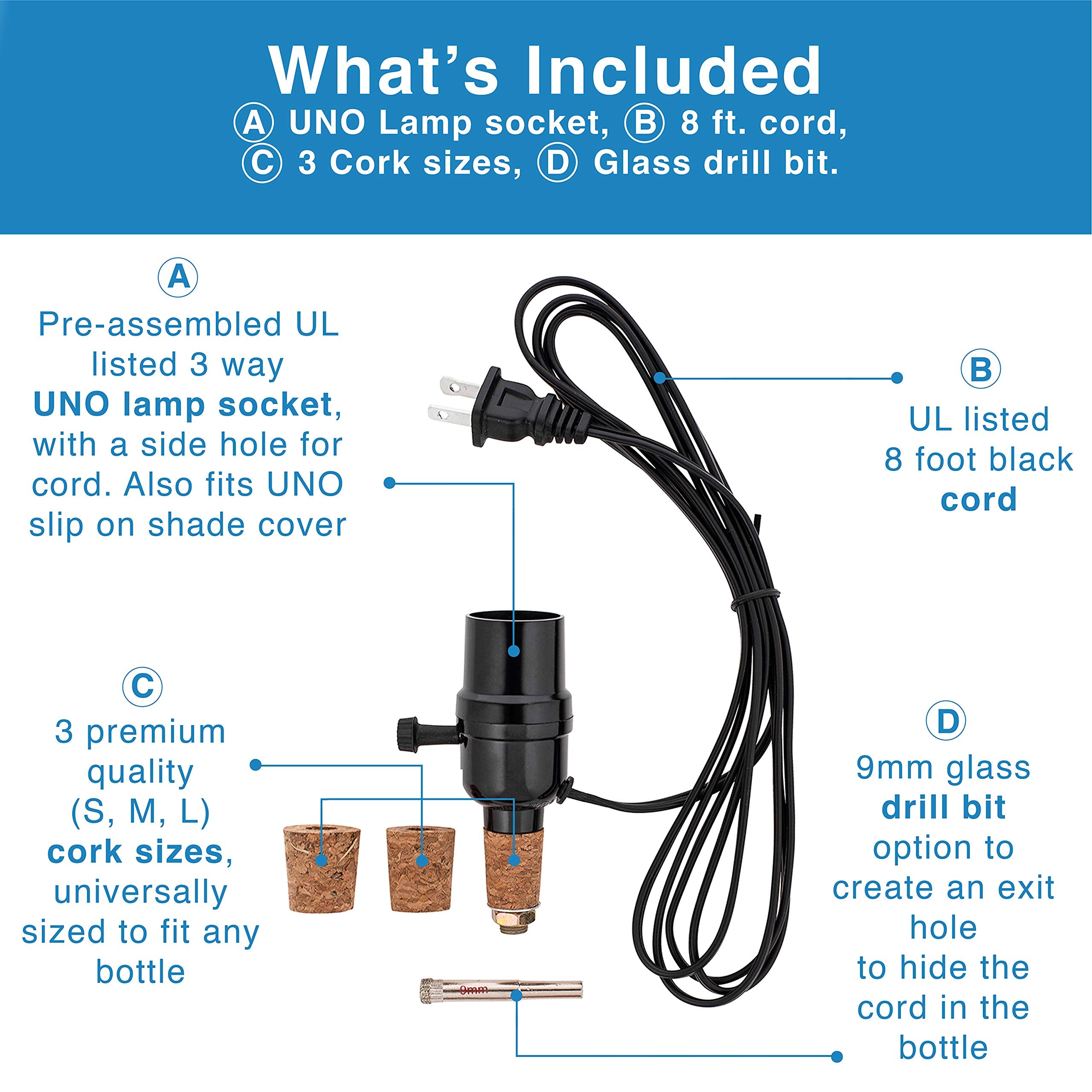 Vino Light Bottle Lamp Kit, With 9Mm Glass Drill Bit, Works With Wine Bottle Or Any Other Glass Liquor Bottles, Uno Slip-On Socket 8 Ft Black Cord Ul Listed Lamp Wiring Parts.