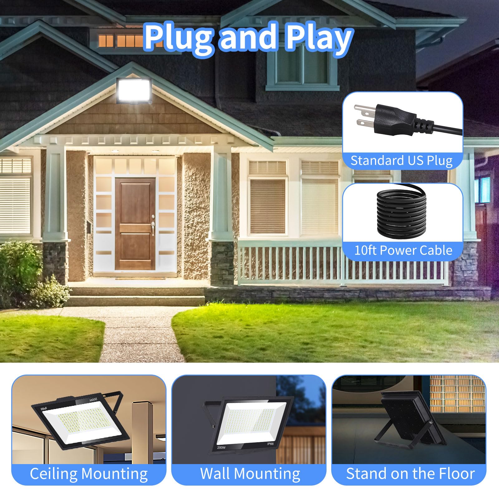 ISUERFY 200W LED Flood Light Outdoor IP66 Waterproof, 24000Lm, 5000K Daylight, Aluminum, 2 Pack, Black/Clear