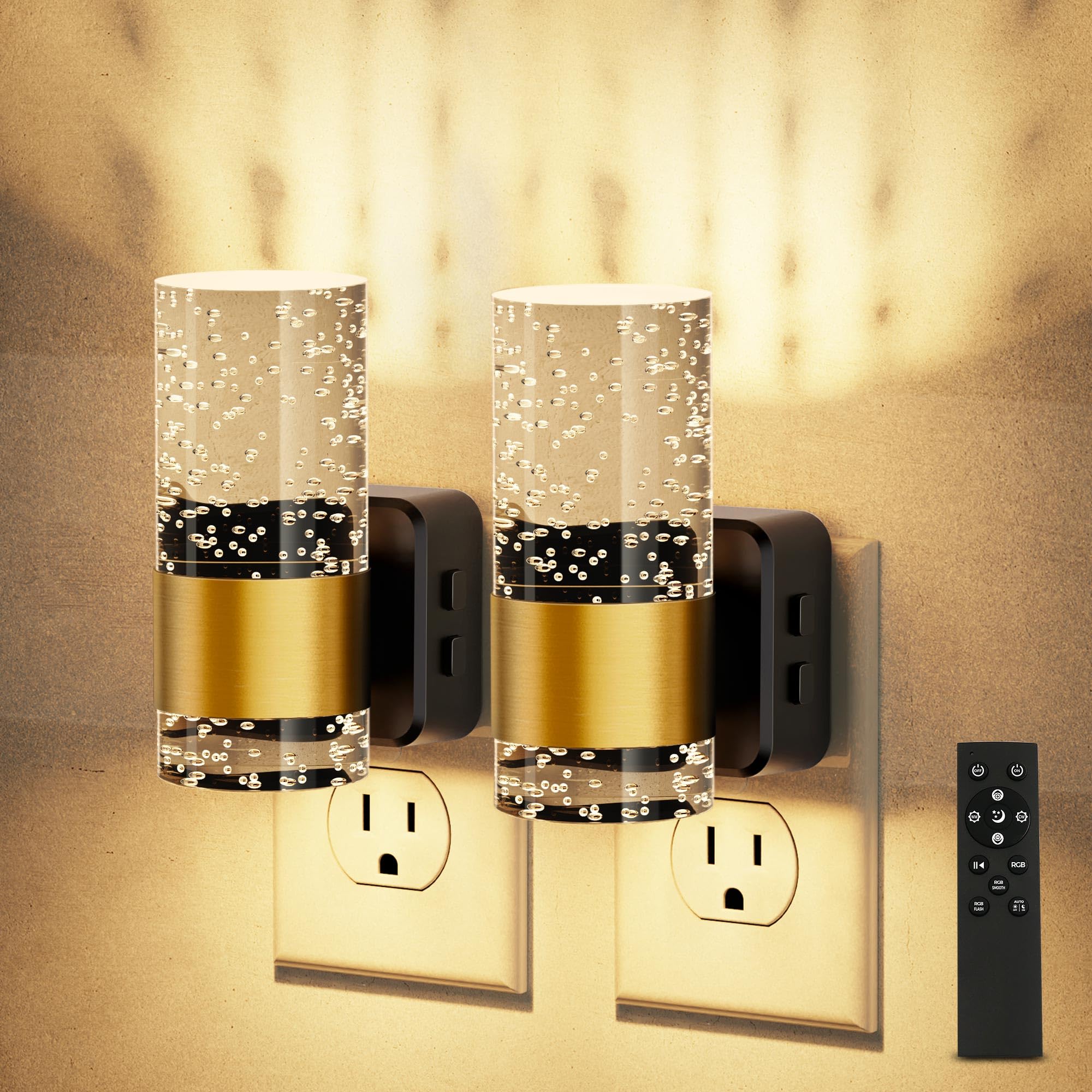 Jandcase Night Lights Plug Into Wall,2 Pack Color Changing Night Light For Kids With 1 Remote Control, 3000K+Rgb Led Nightlight