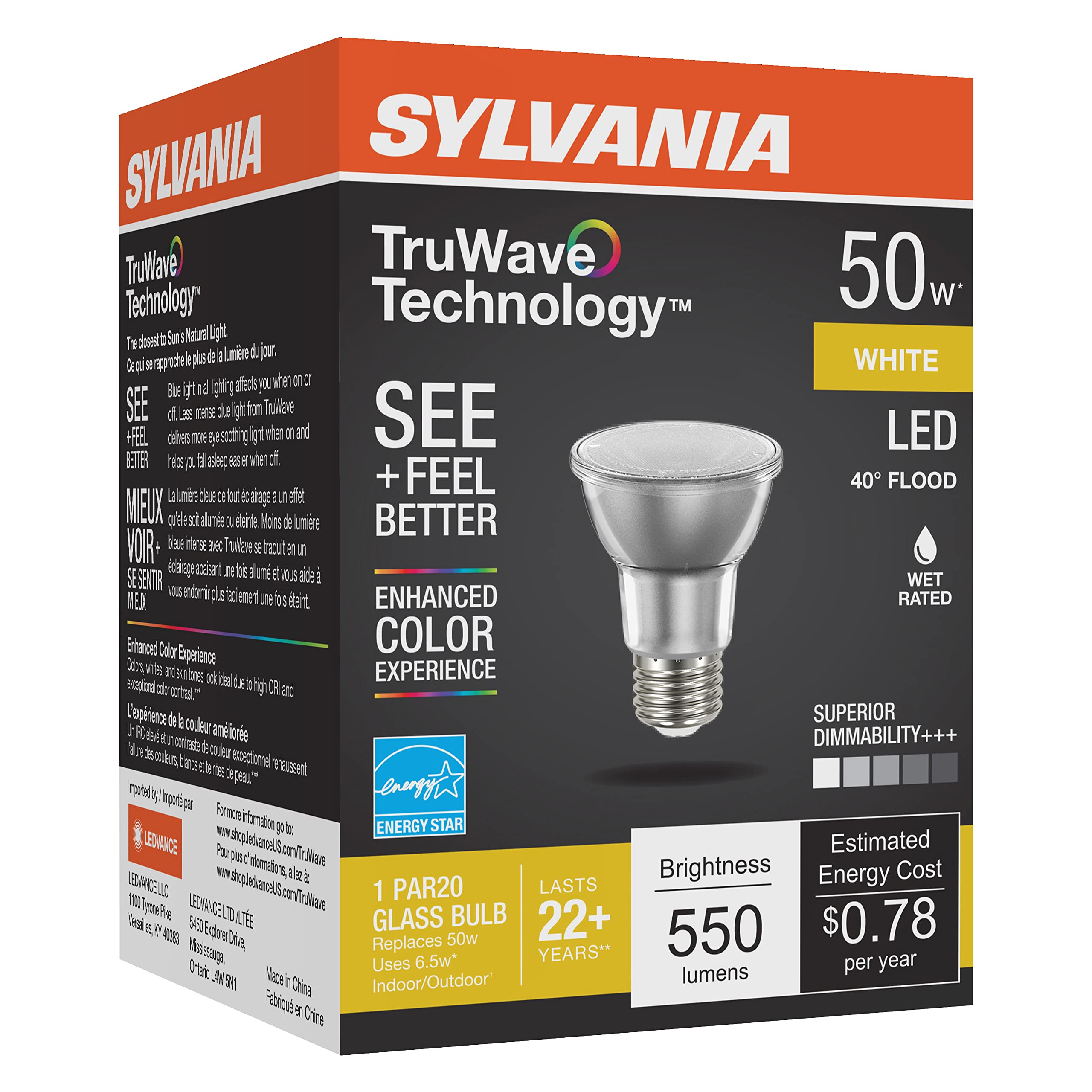 Sylvania Led Truwave Natural Series Par20 Light Bulb, 50W Equivalent, Efficient 6W, Medium Base, Dimmable, 3000K, White - 1 Pack