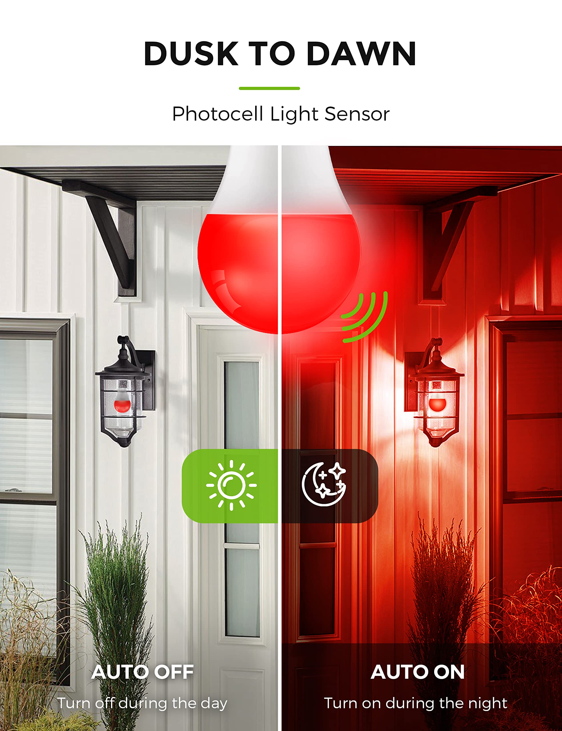 Lohas Red Green Light Bulbs Outdoor, Christmas Dusk To Dawn Sensor A19 Porch Lights 40W Equivalent, 6W Red Green Colored Light B