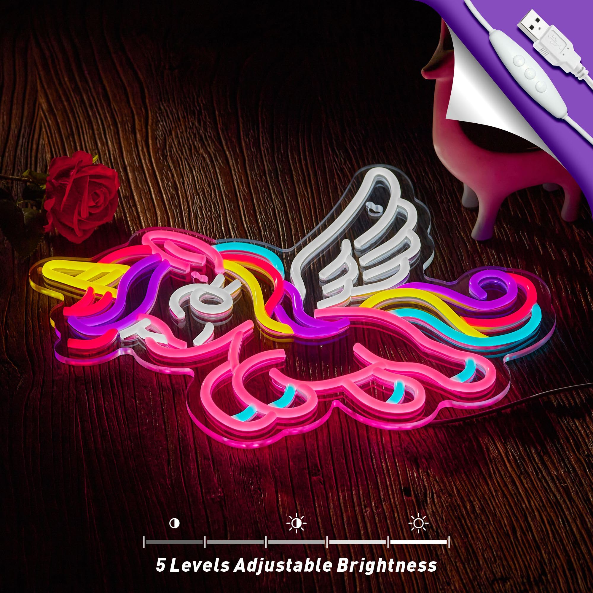 NEONLAND Unicorn Neon Sign - Pink & Purple LED Wall Decor, 16.5x12.6in, Dimmable, USB Powered, Gift for Kids & Girls