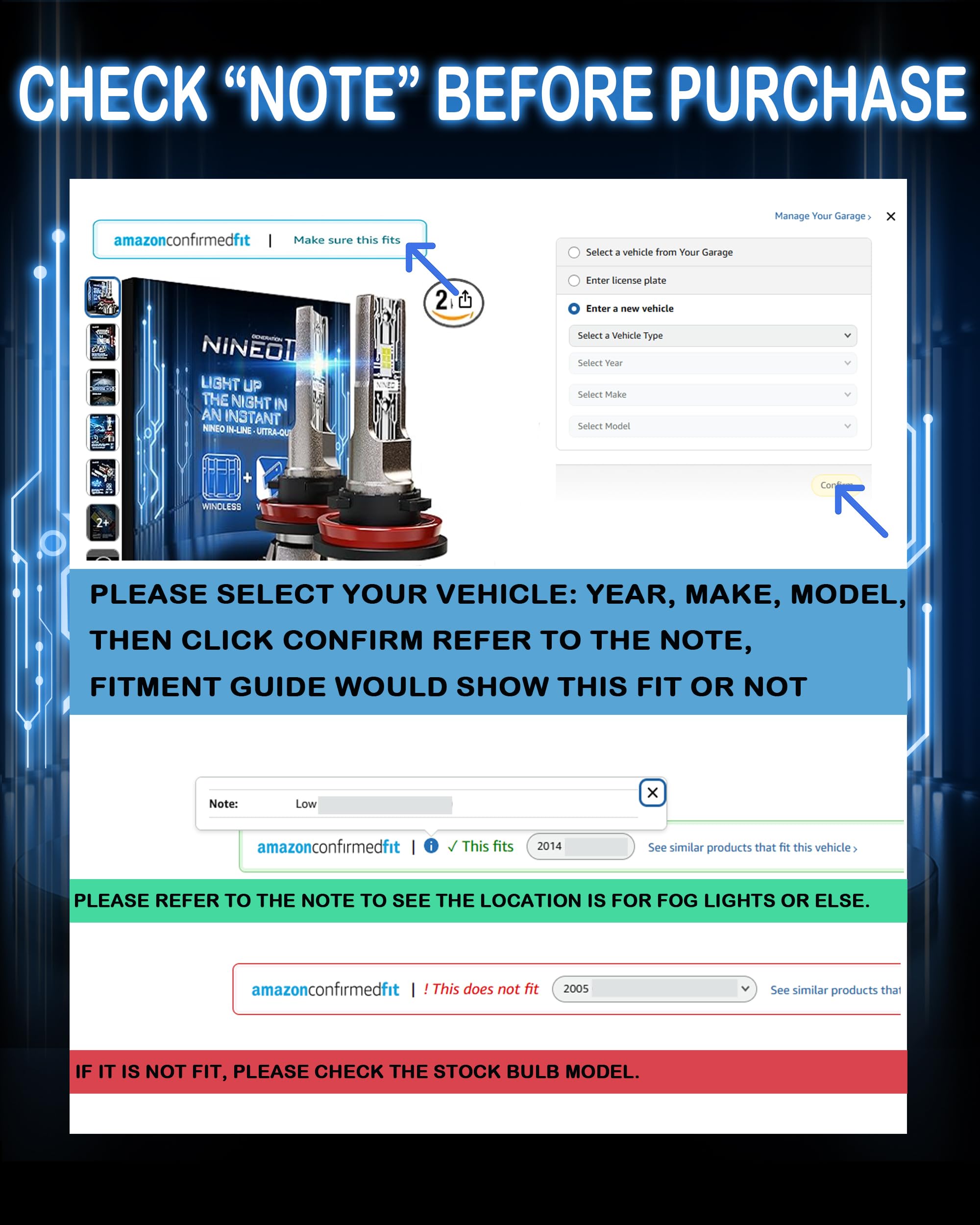 NINEO H-9 Fog Light Bulbs 6500K Cool White Wireless Pack of 2