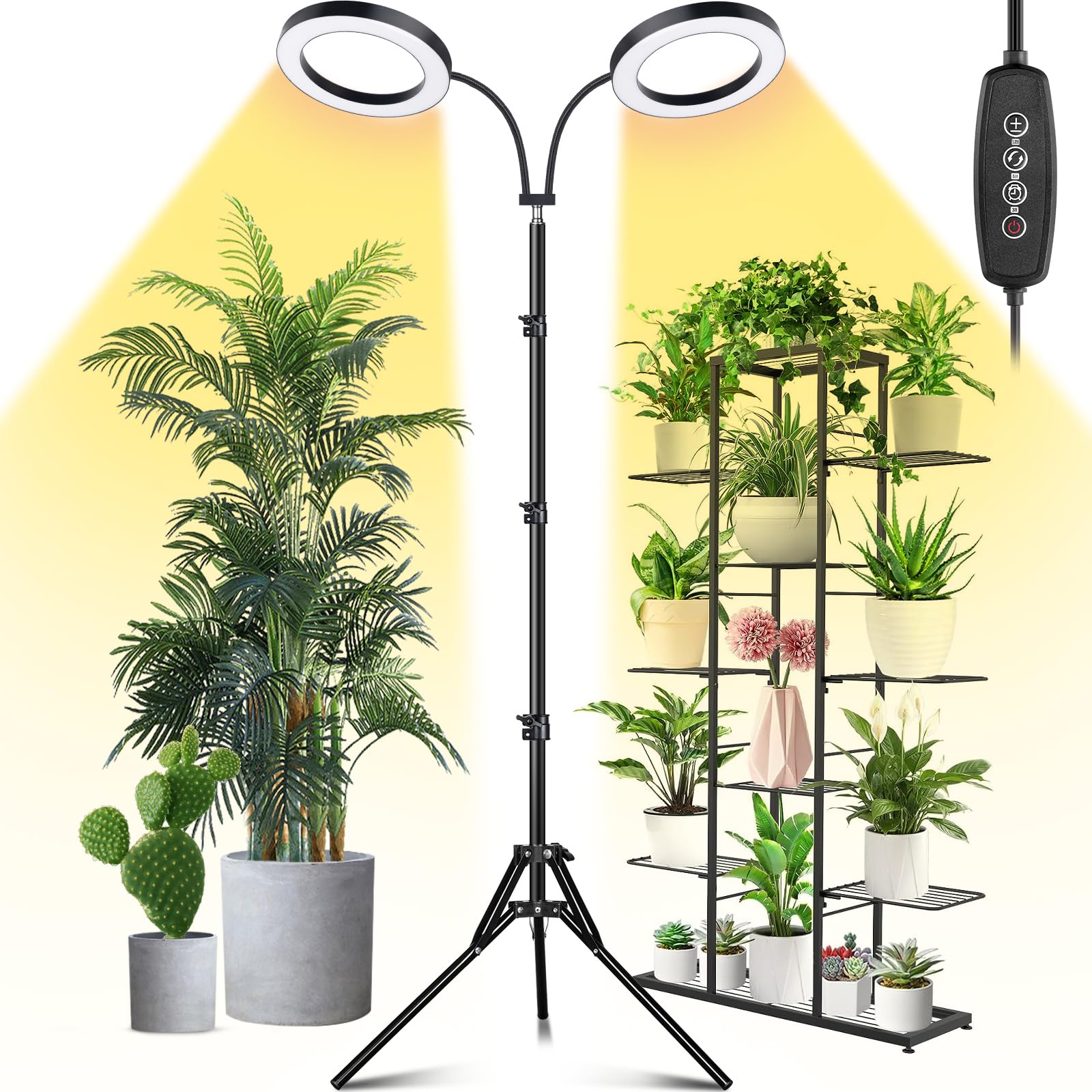 Lordem Grow Light For Indoor Plants, 7.9&quot; Diameter Dual-Head Plant Light For Plants Growing, Full Spectrum Growth Lamp With Auto Timer 3/6/12H, 4 Dimmable Levels, 3 Lighting Modes, Adjustable Stand