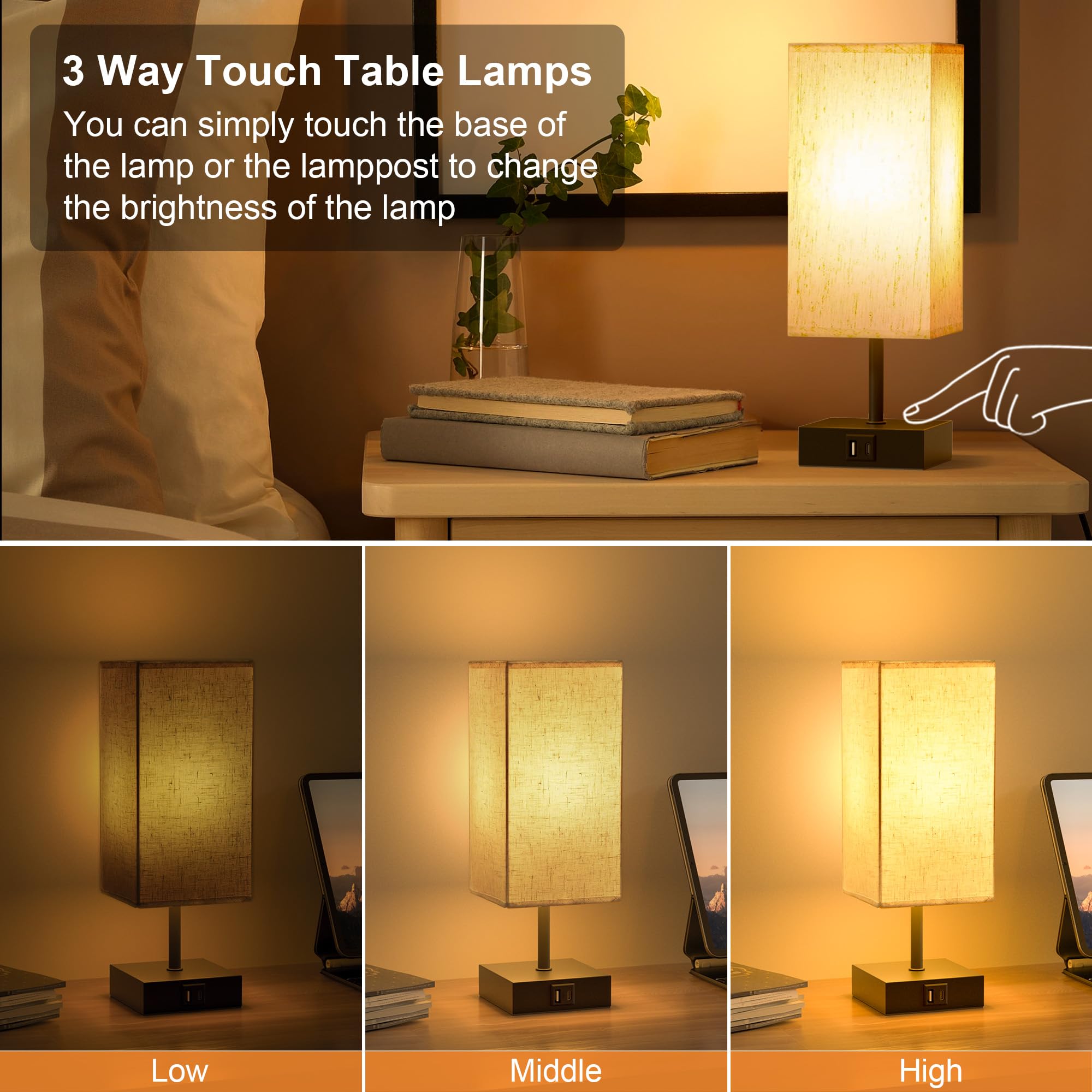 Hansang Bedside Lamp, Touch Lamp With 3 Way Dimmable 2700K Led Bulb Touch Control Usba Usbc Charging Port Black Base Linen Fabri