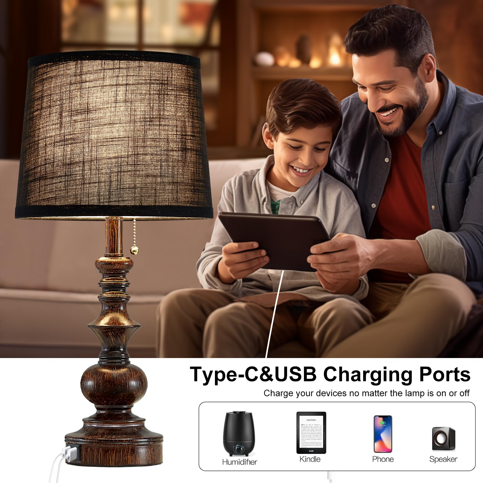 Drawealth Vintage Bedside Table Lamps Set Of 2 For Bedroom Nightstand Lamps With Usb Charging Ports Rustic Farmhouse Small Table