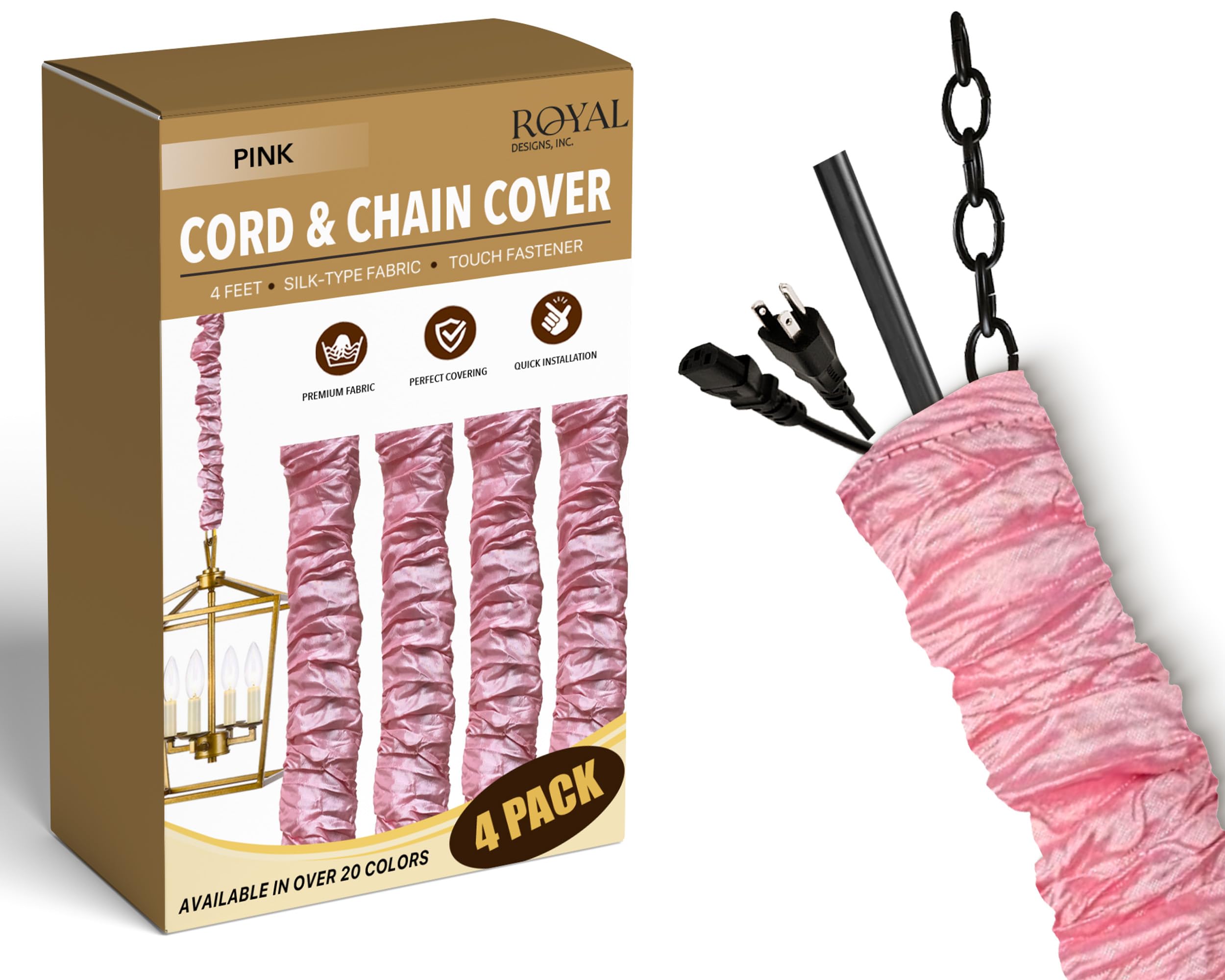 Royal Designs, Inc. Chandelier Cord & Chain Cover, Silk Fabric, Touch Fastener, 4 Pack, Pink