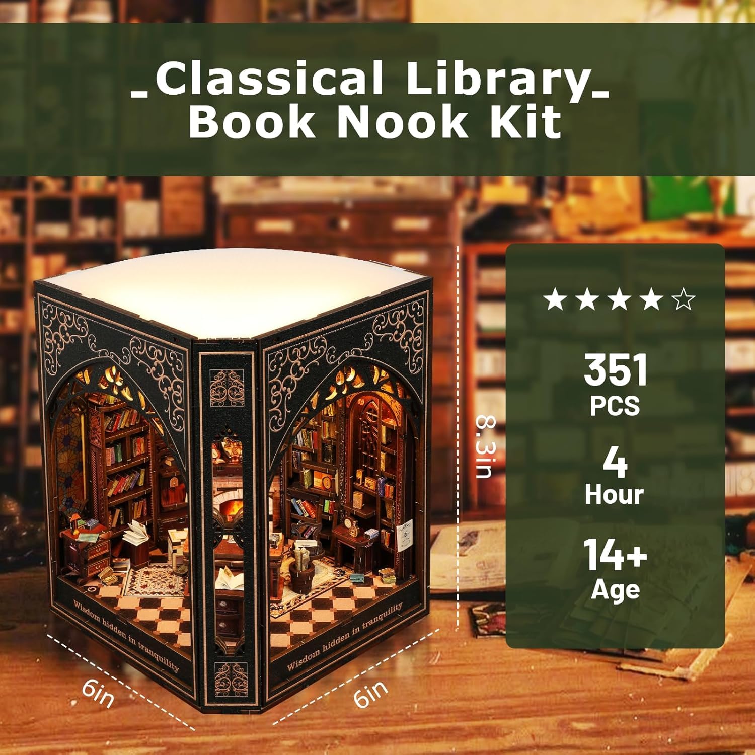 NookMaster Book Nook Kit, Type-C Charging, Classical Library Model, Green, 6x6x8.3 inches