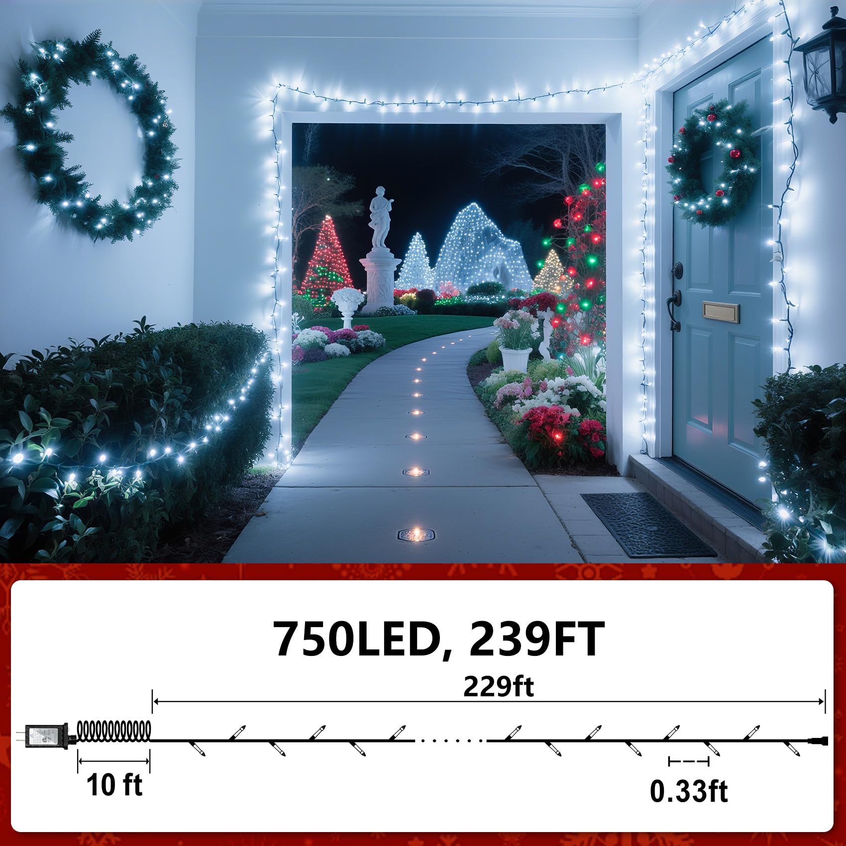 750 Led Christmas String Lights Outdoor  240Ft Twinkle Fairy Lights With Timer & Memory  12 Modes Dimmable Waterproof Tree Light For House Patio Wedding Party Christmas Decororations  Cool White