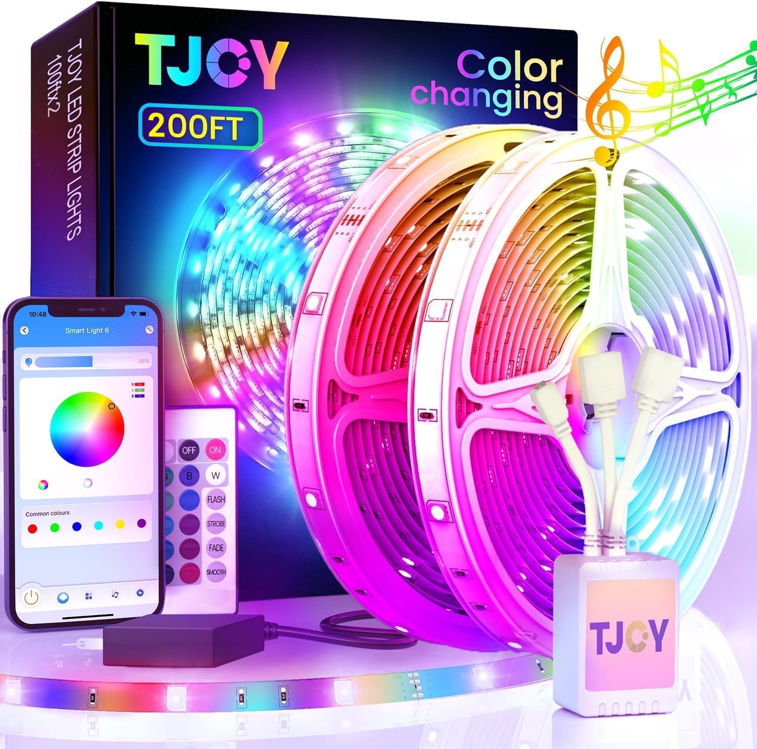 TJOY 200ft Bluetooth LED Strip Lights, Long Strip Lighting Music Sync, RGB Color Changing LED Lights for Bedroom with Remote,Sma