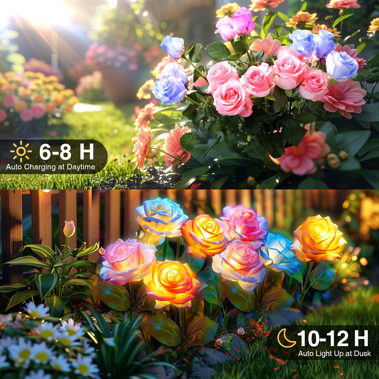 Solar Garden Lights, 6 Pack Solar Flowers Outdoor Waterproof With Rose, Garden Lights Solar Powered Waterproof, Solar Flower Lig