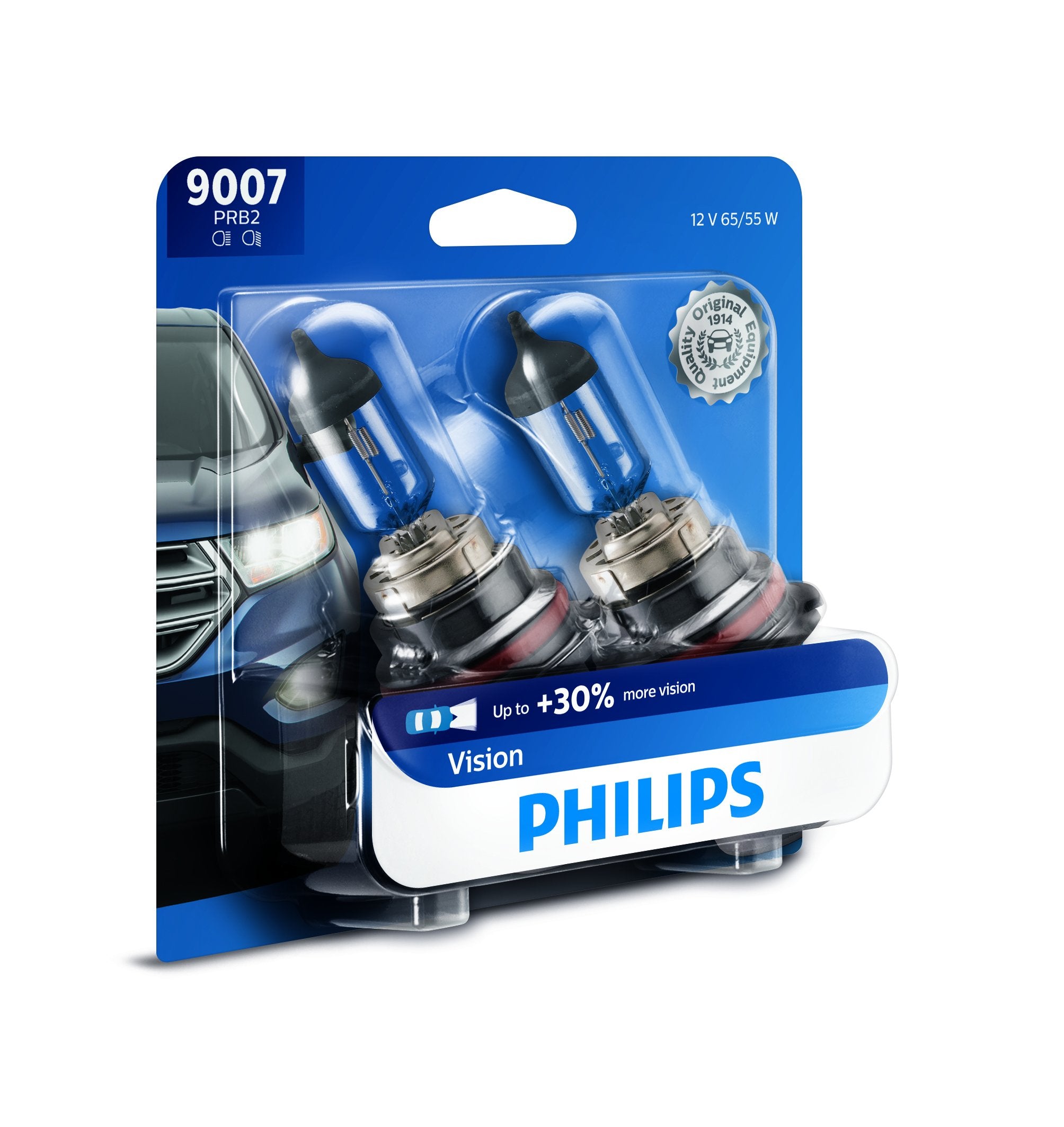 Philips 9007PRB2 Vision Upgrade Headlight Bulb with up to 30% More Vision, 2 Pack Clear