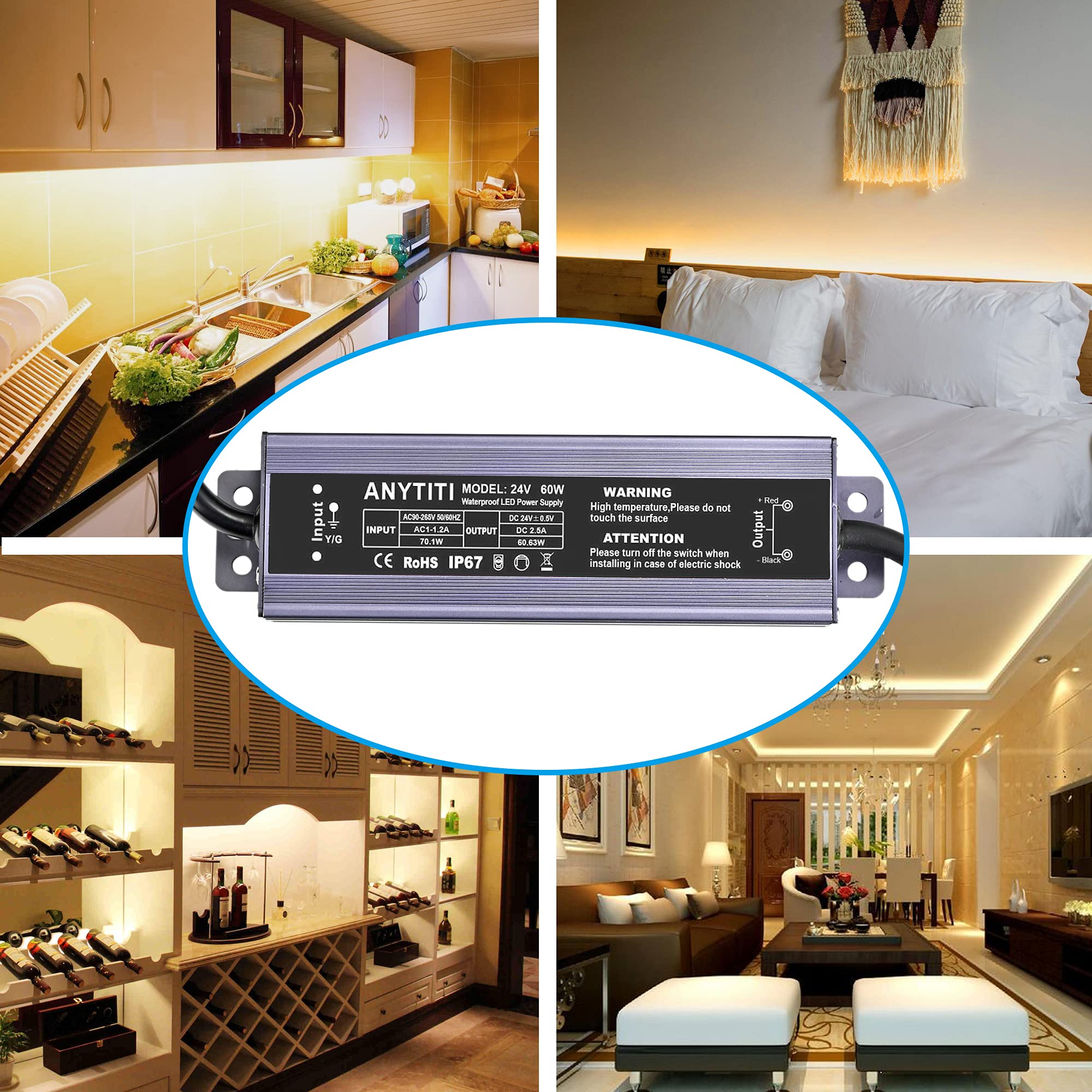 Anytiti Led Driver,Led Power Supply Ip67 Waterproof Output 60W Dc24V 2.5A 3-Prong Plug 4.5Feet (24V 60W)