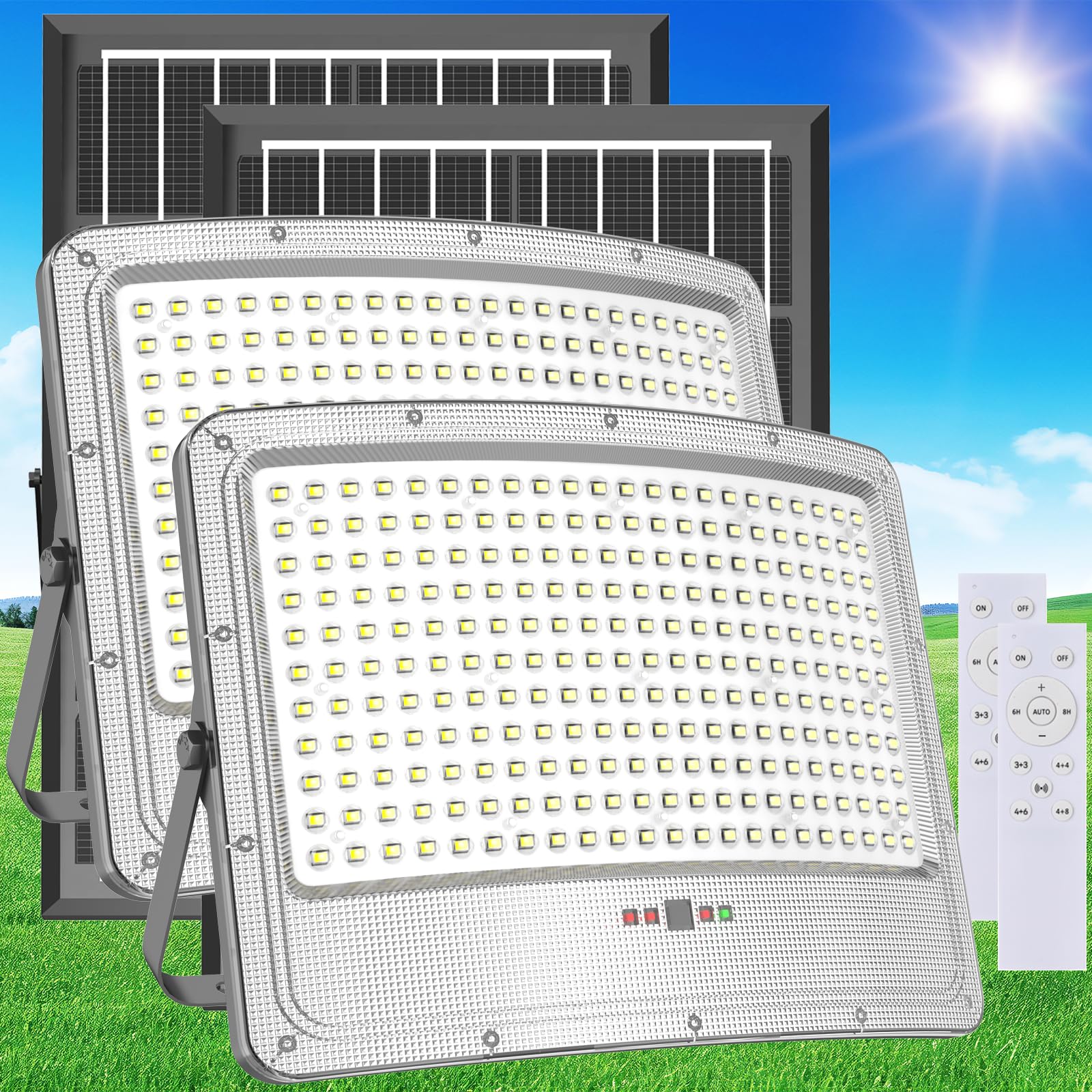 TENKOO Solar Street Flood Lights Outdoor 5000W 2 Pack Solar Parking Lot Lights Dusk to Dawn 200000LM IP67 Waterproof Security Co