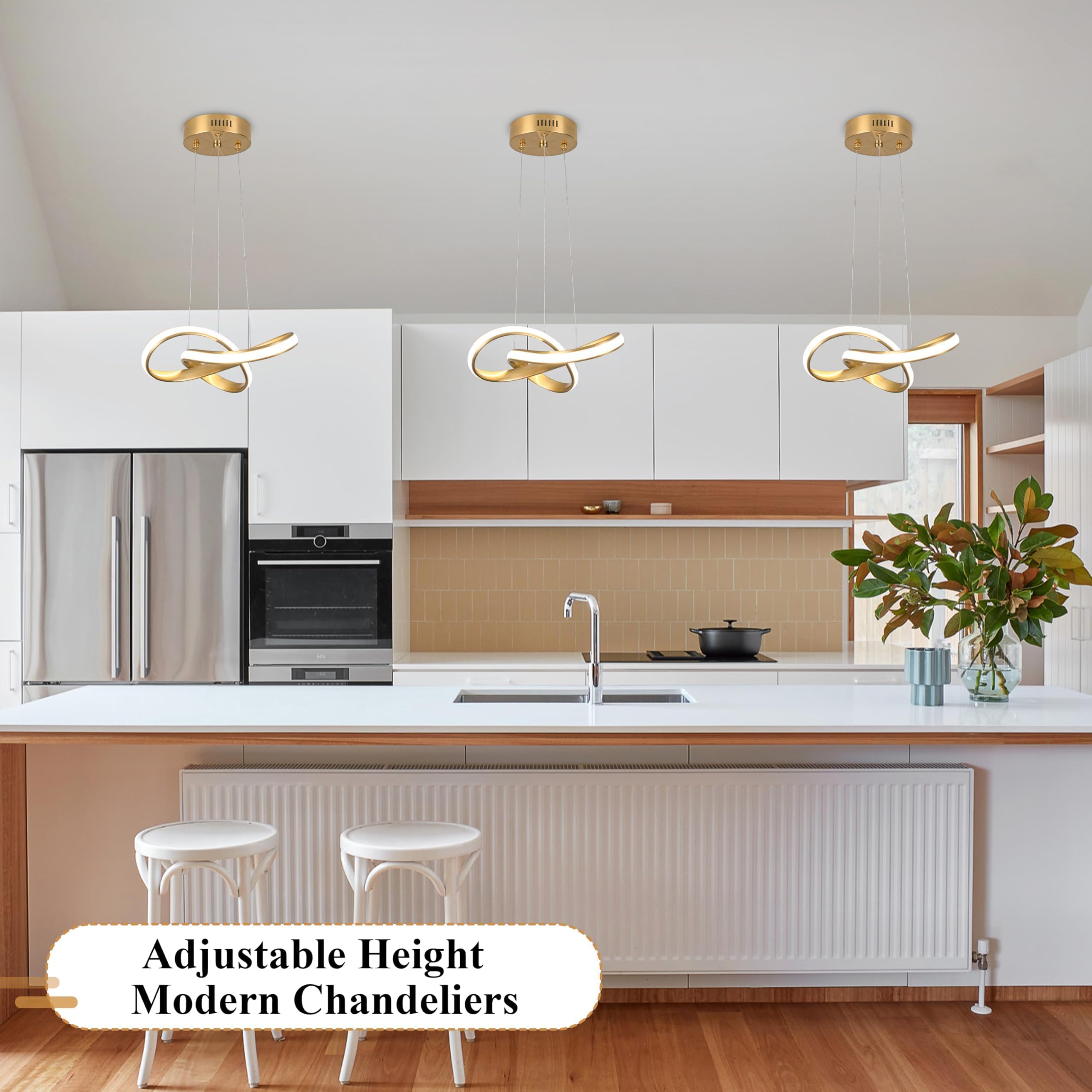 Mccokaige Modern LED Chandelier, Gold Metal Pendant Light, 12.5" Height Adjustable, SYC-22-J for Kitchen Island or Hallway