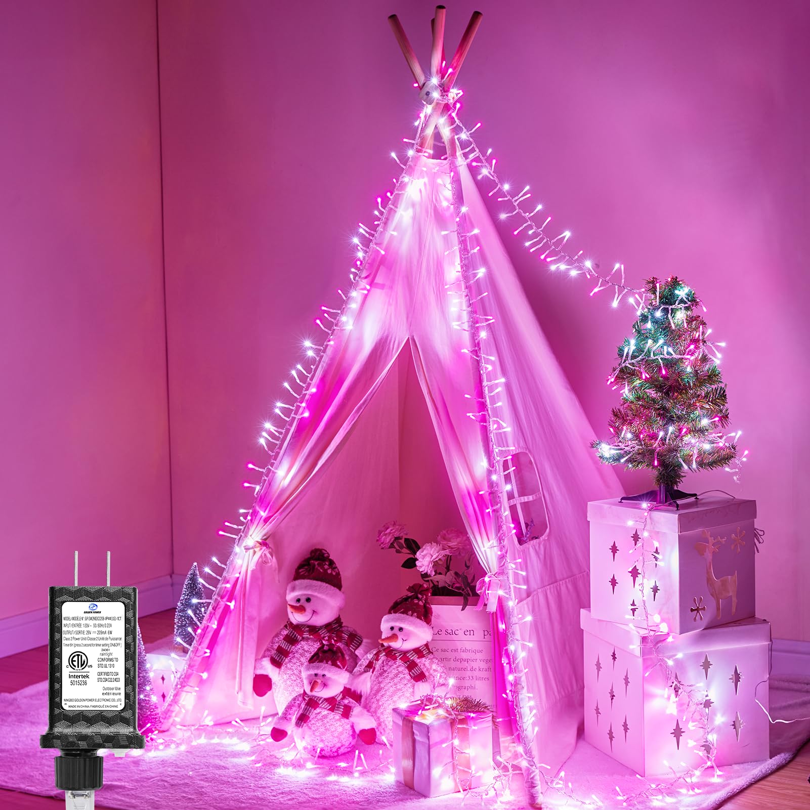 Minetom 200 LED Christmas Lights Outdoor Twinkle Fairy String Light, 10FT, Pink & Cool White, 12 Modes, Waterproof, Model DMO-S-200