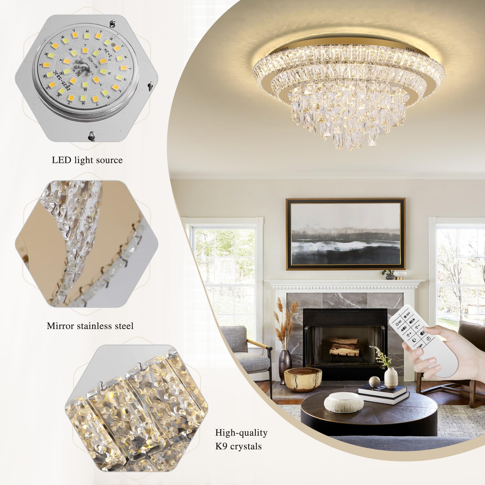COCOSTAR 24" Gold LED Crystal Raindrop Ceiling Light Fixture, Dimmable with Remote Control, Model A401-24-GD