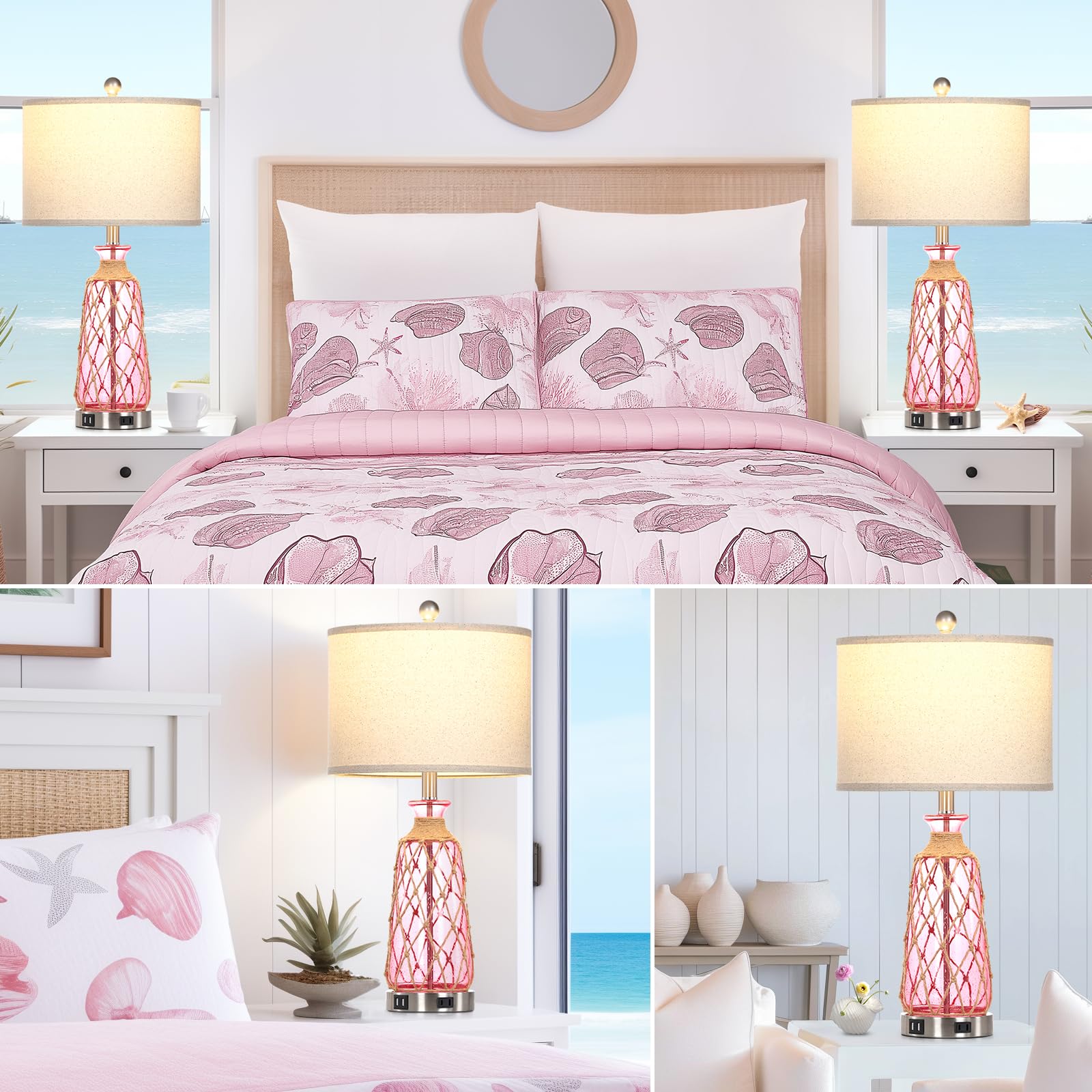 Ruzectt Table Lamps Set of 2, 25.5in Glass, 3-Way Dimmable Touch Control, Pink, USB Ports & AC Outlet, LED Bulbs Included